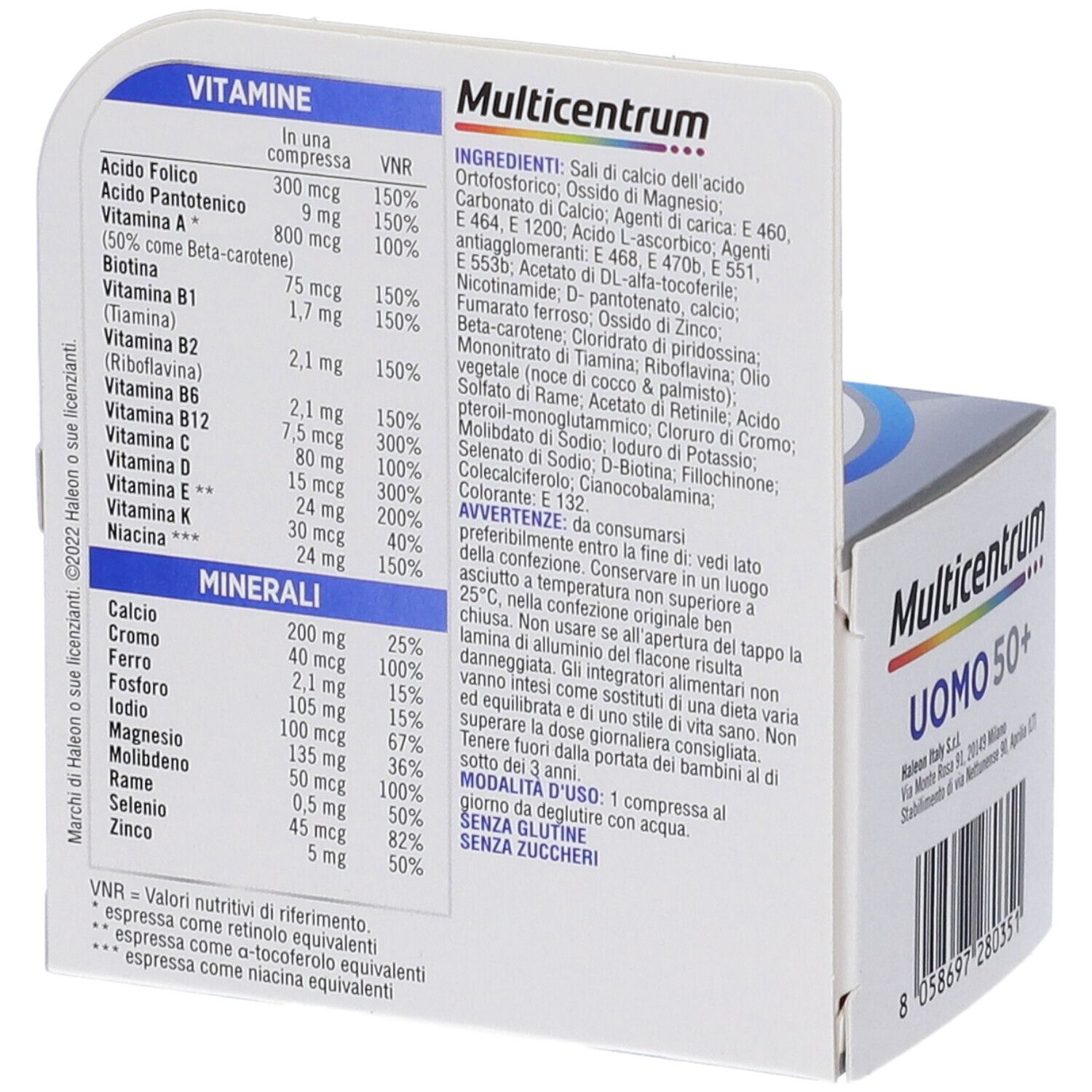Rückseite der Multicentrum Uomo 50+ Packung. Enthält Informationen zu Vitaminen und Mineralien.