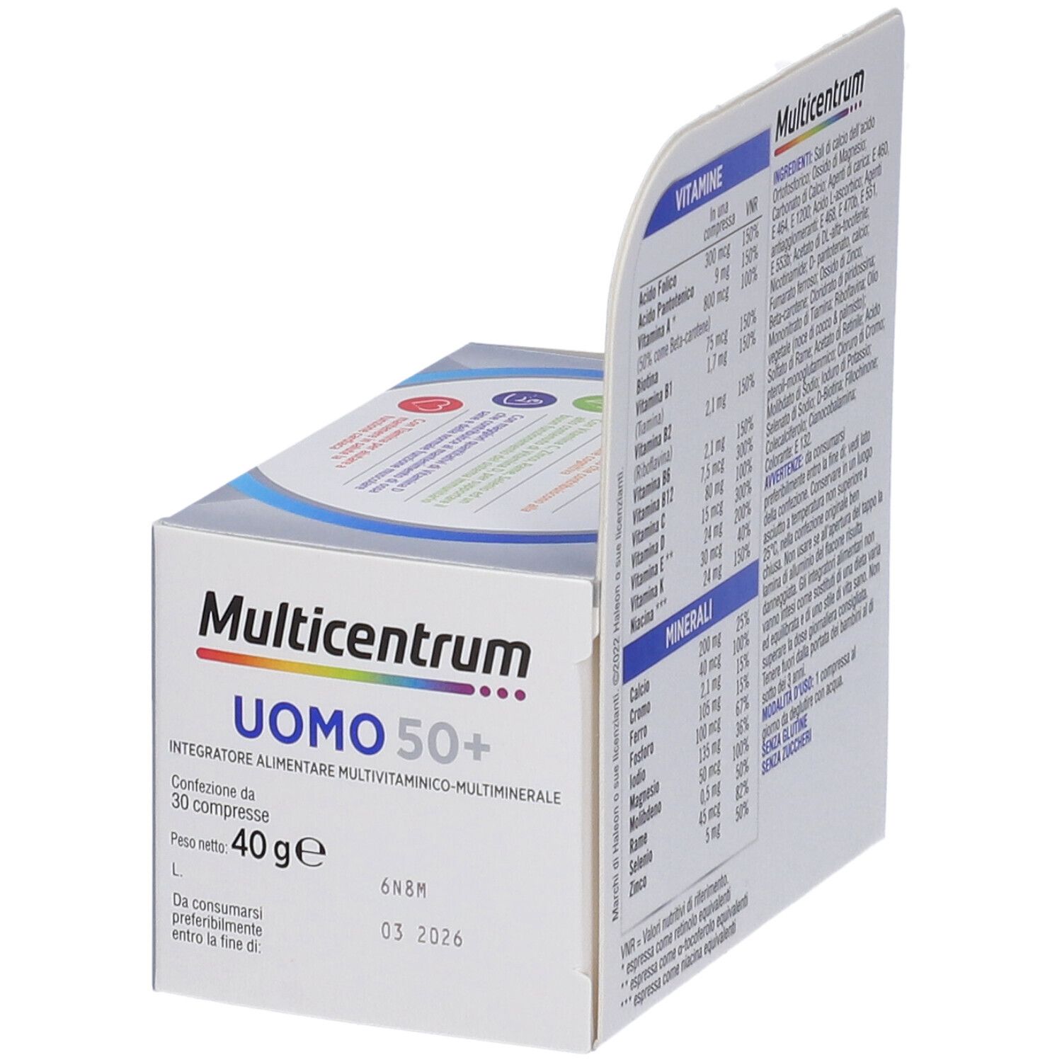 Rückseite der Multicentrum Uomo 50+ Packung. Enthält Informationen zu Vitaminen und Mineralien.