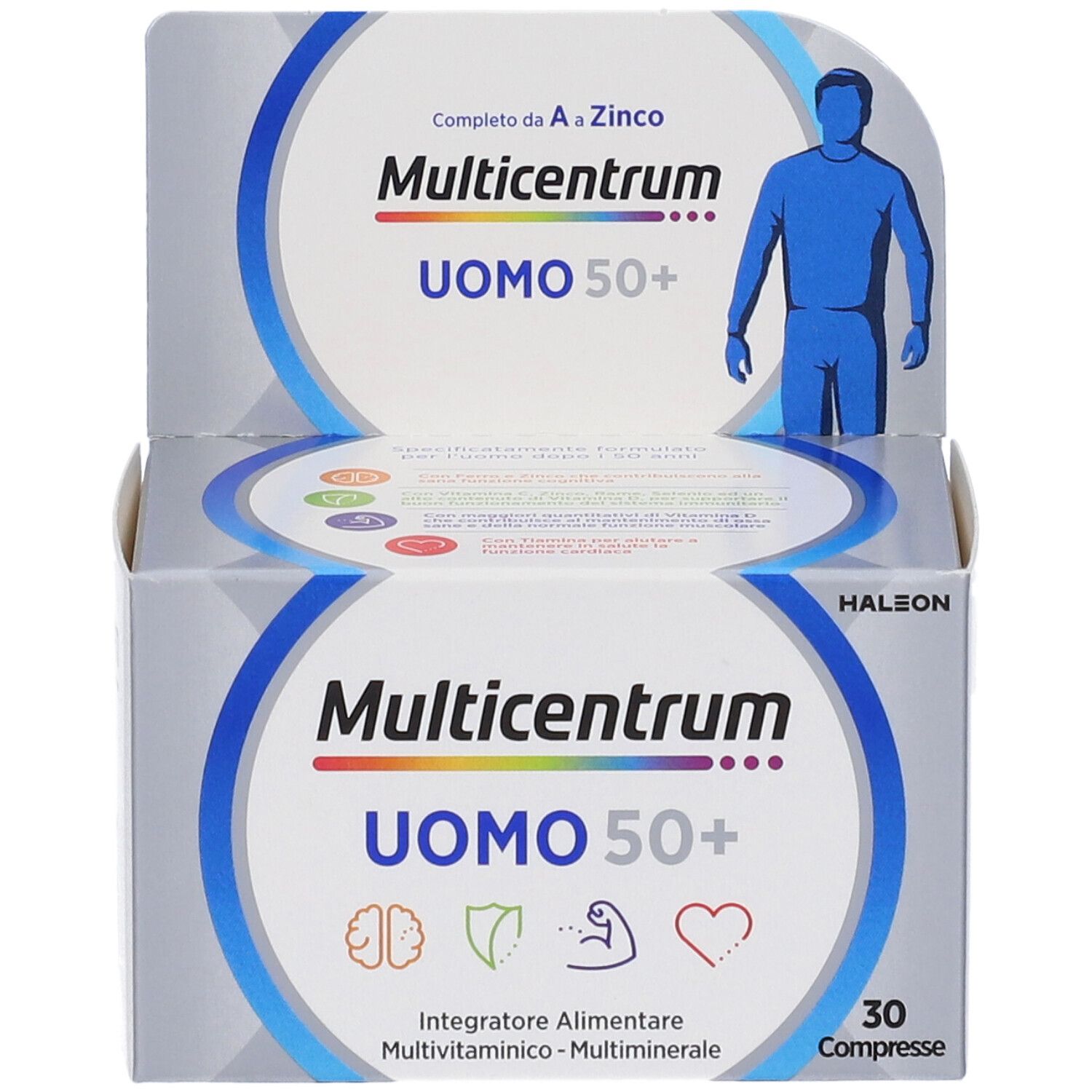 Multicentrum Uomo 50+ Packung. Enthält 30 Tabletten. Mit Logo, Schriftzug und Illustration eines Mannes.
