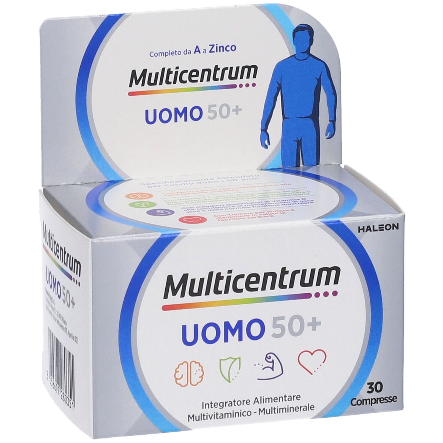Multicentrum Uomo 50+ Packung. Enthält 30 Tabletten. Mit Logo, Schriftzug und Illustration eines Mannes.