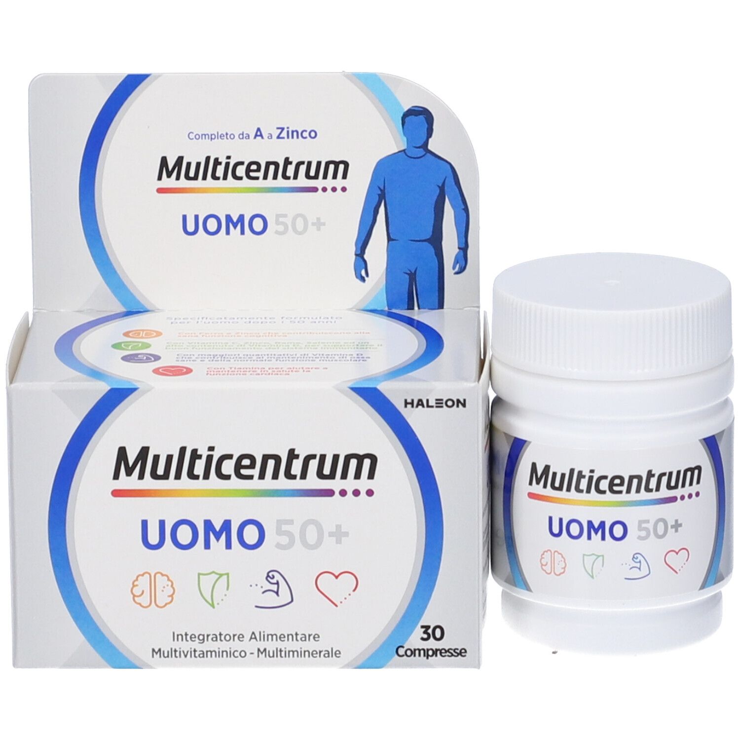 Emballage et flacon de Multicentrum Uomo 50+. 30 comprimés.