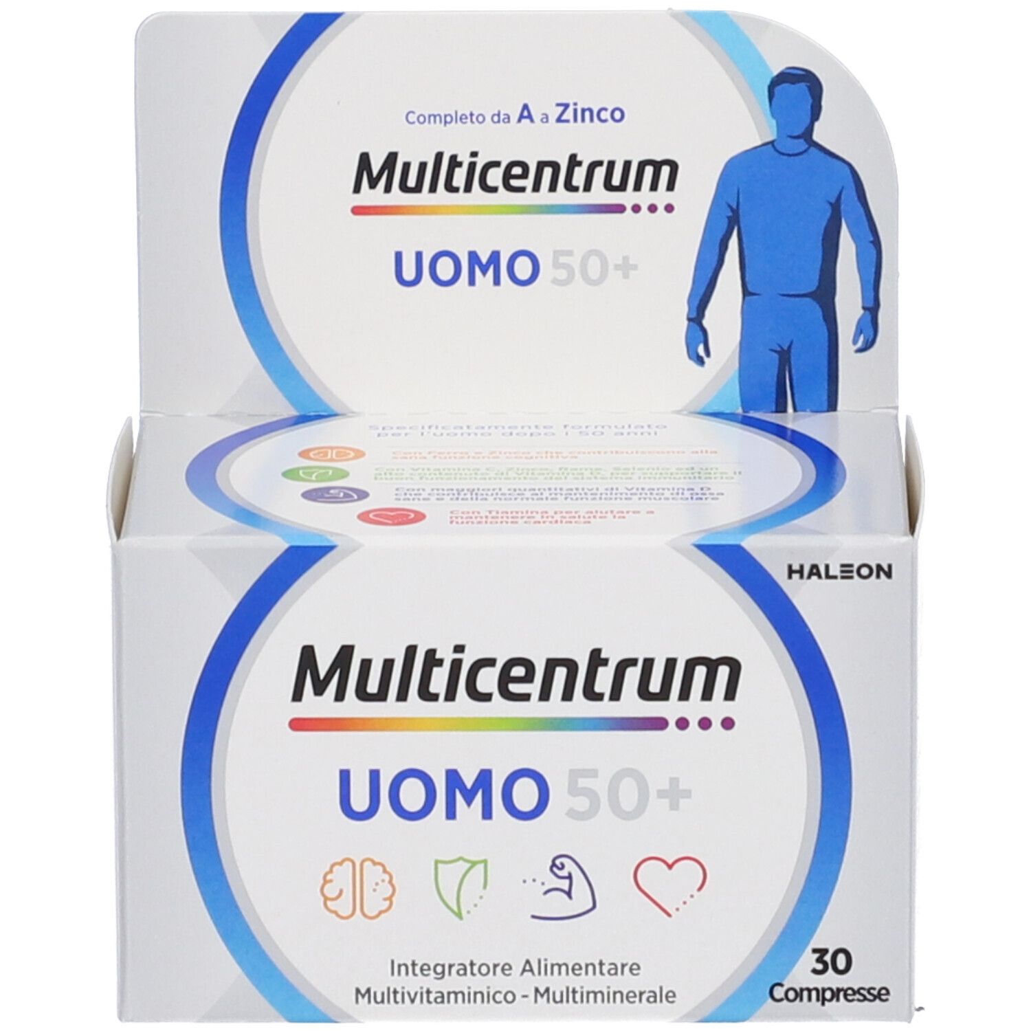 Boîte de multivitamines Multicentrum Uomo 50+. Contient 30 comprimés. Logo et nom du produit visibles.