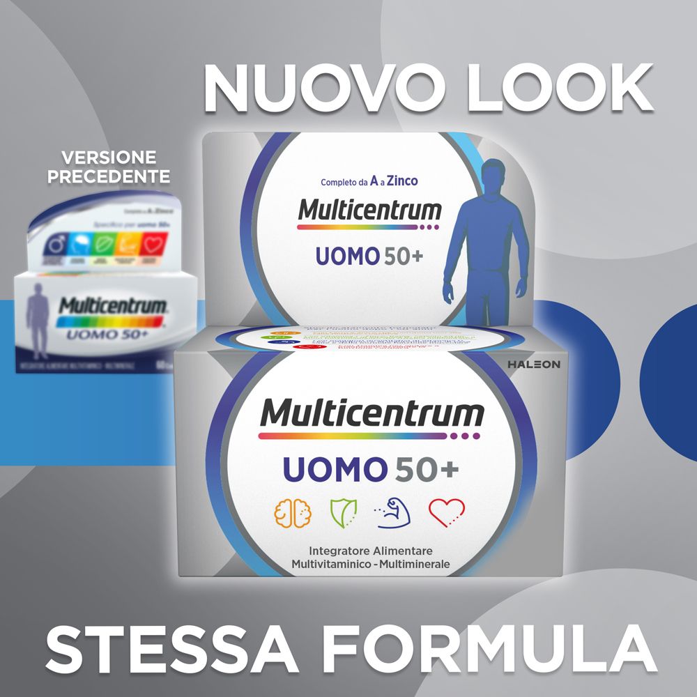 Multicentrum Uomo 50+ Packung. Enthält 30 Tabletten. Mit Logo, Text und Illustration eines Mannes. Text: NUOVO LOOK.