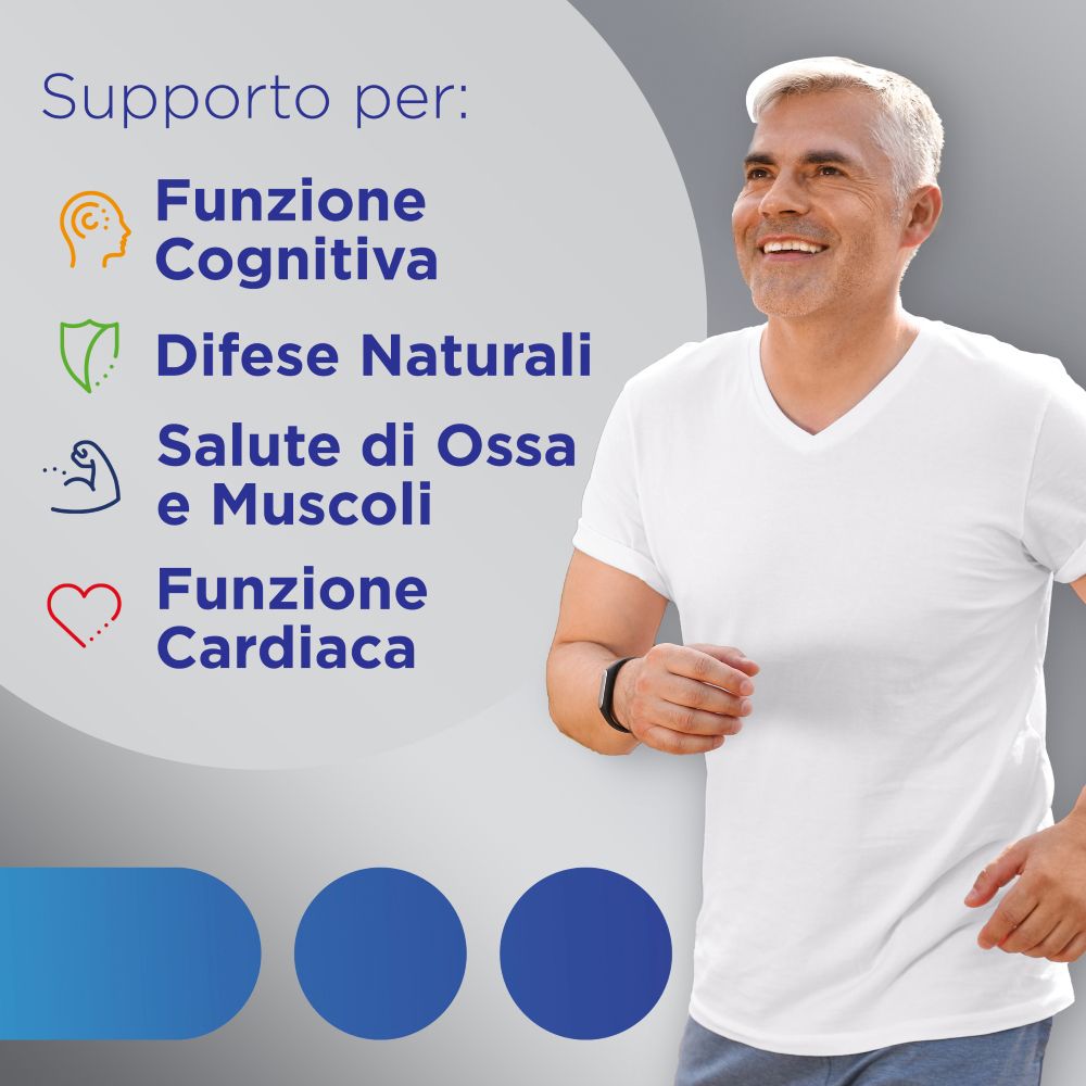 Ein Mann joggt. Text: Funzione Cognitiva, Difese Naturali, Salute di Ossa e Muscoli, Funzione Cardiaca.
