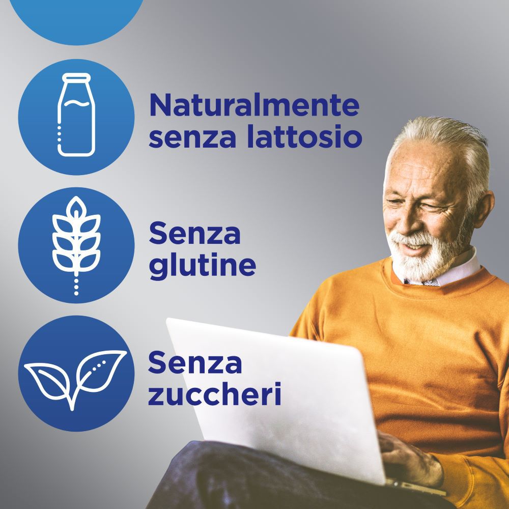 Ein Mann mit Laptop. Text: Naturalmente senza lattosio, Senza glutine, Senza zuccheri.