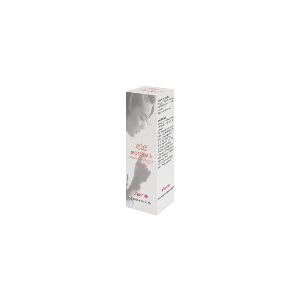 Boîte de produit avec texte. Inscription: EIE Ipofoemin. Image d'une femme. Texte en italien.