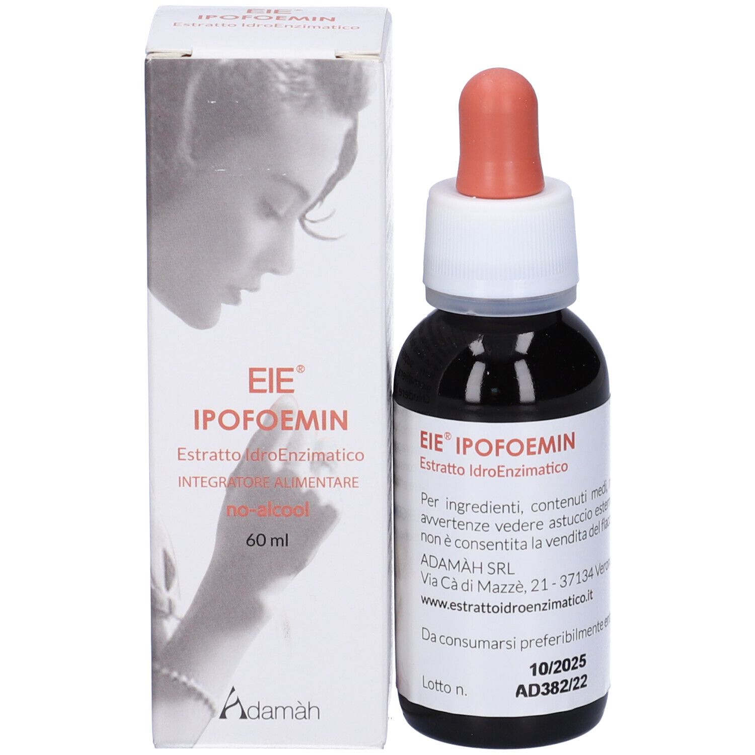 Emballage du produit et flacon. Inscription: EIE Ipofoemin. Étiquette avec texte italien. 60 ml. Compte-gouttes.