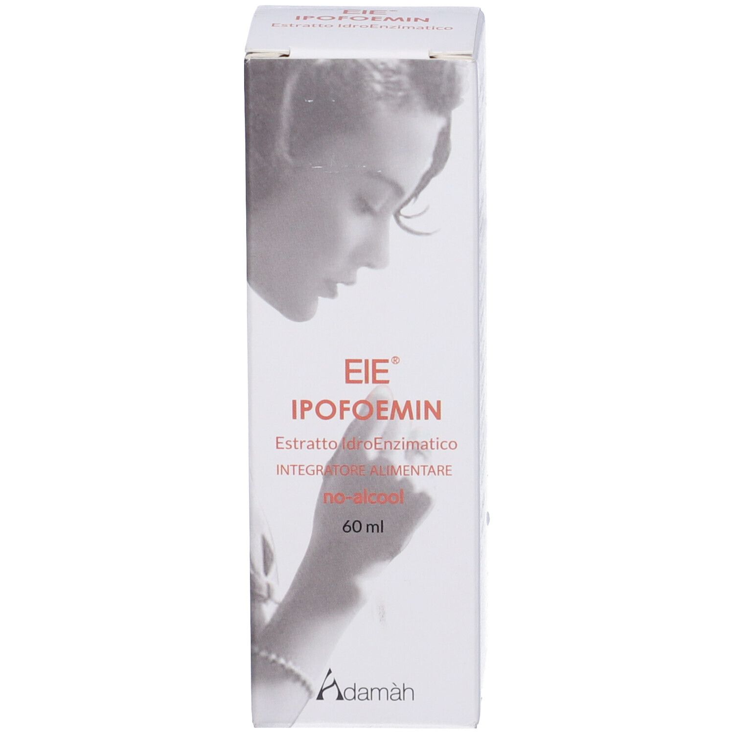 Emballage du produit. Inscription: EIE Ipofoemin. Étiquette avec texte italien. 60 ml. Image d'une femme.