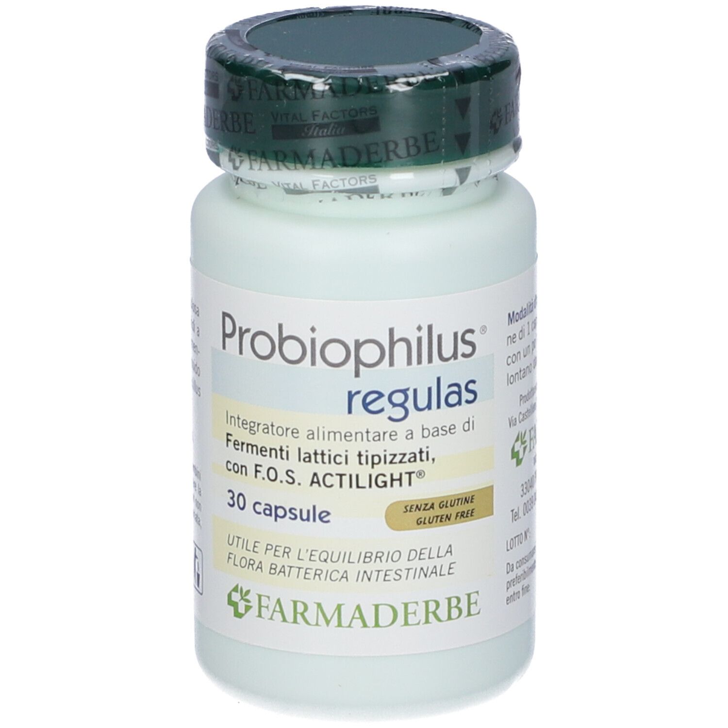 Flasche mit Produktnamen und '30 Kapseln'. Grüner Deckel. Enthält Informationen über Inhaltsstoffe und Marke.