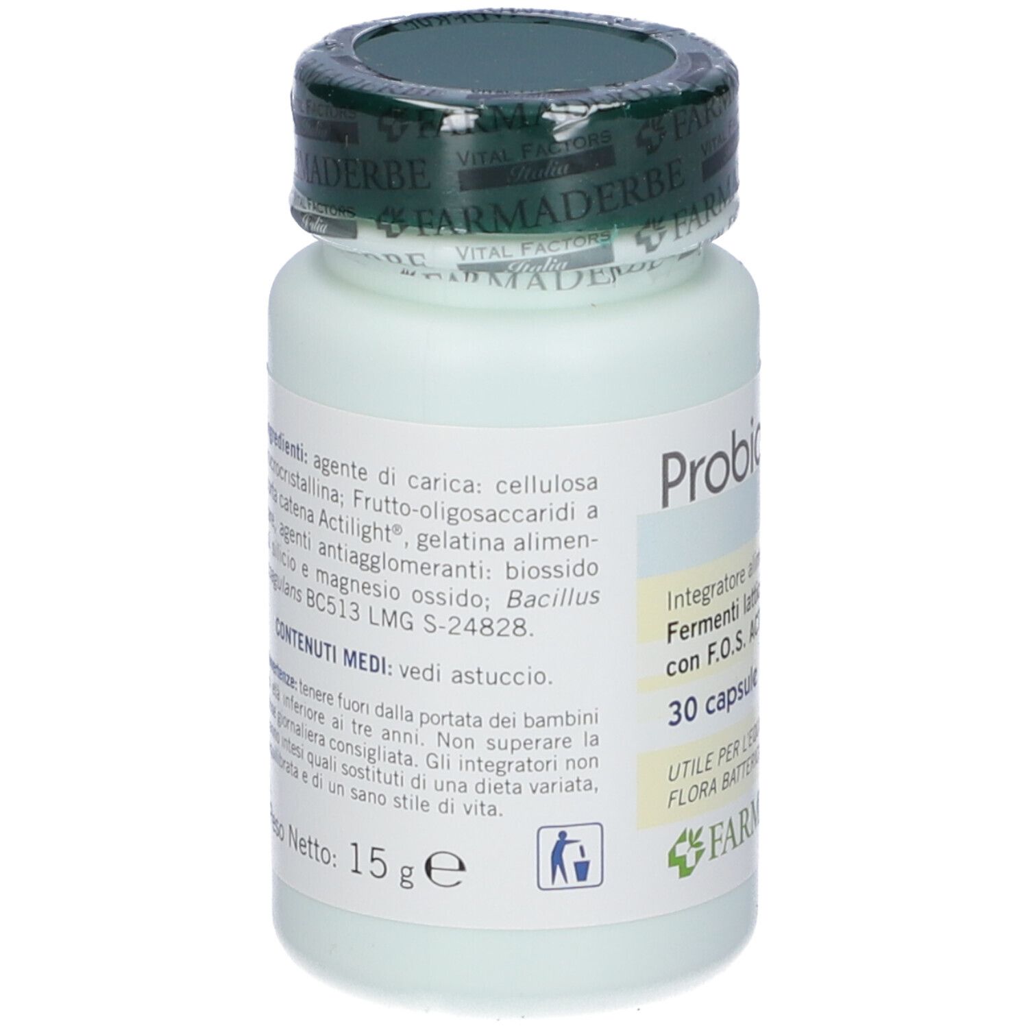 Flasche mit Produktnamen und '30 Kapseln'. Grüner Deckel. Enthält Informationen über Inhaltsstoffe und Marke.