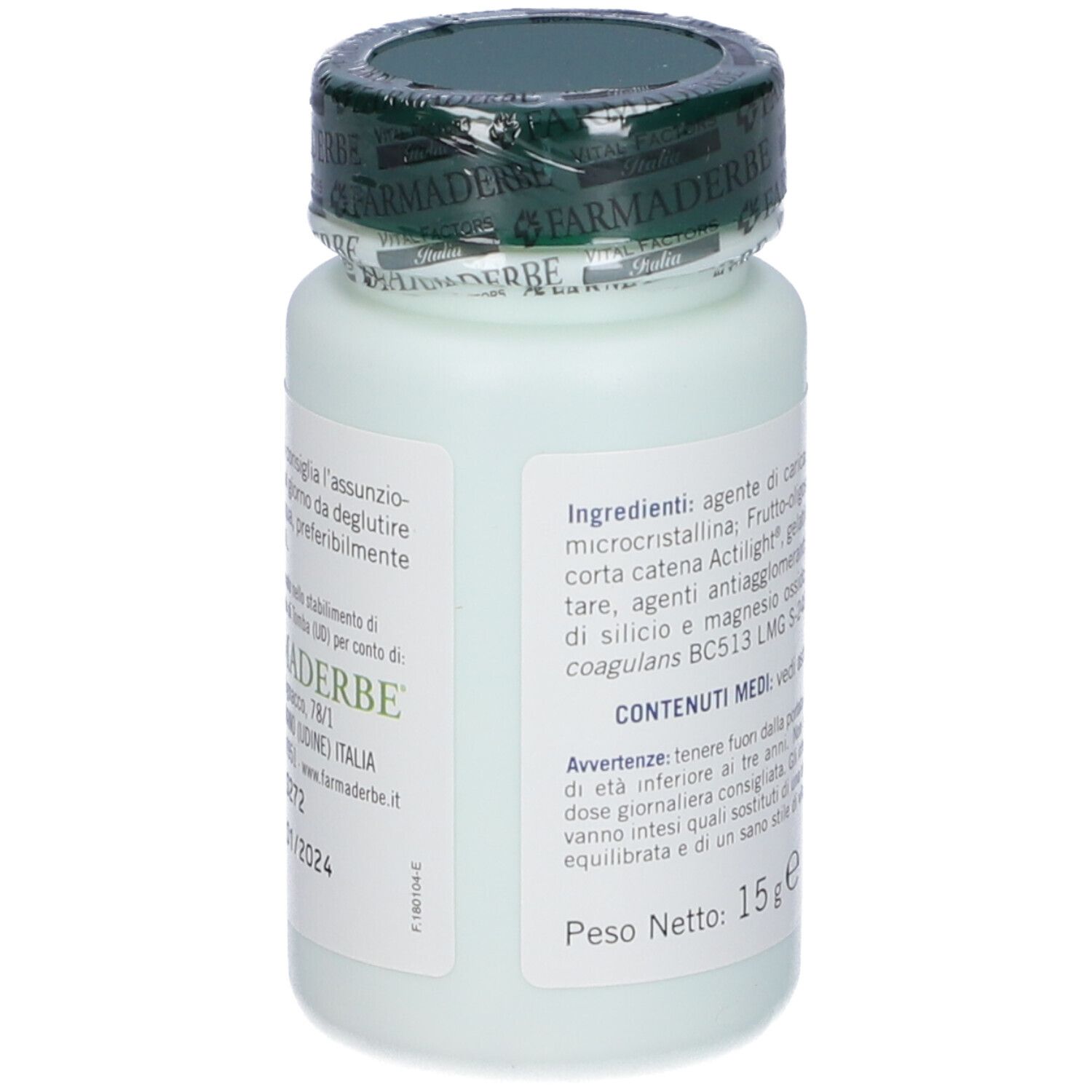 Flasche mit Produktnamen und '30 Kapseln'. Grüner Deckel. Enthält Informationen über Inhaltsstoffe und Marke.