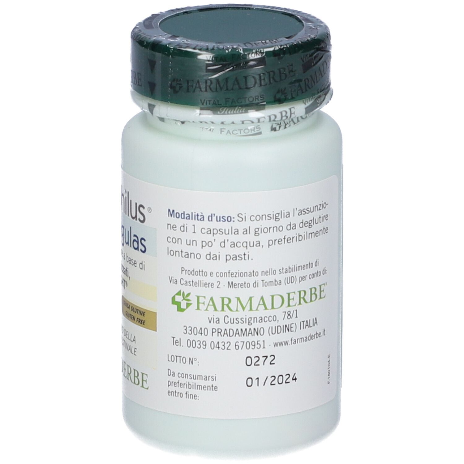 Flasche mit Produktnamen und '30 Kapseln'. Grüner Deckel. Enthält Informationen über Inhaltsstoffe und Marke.