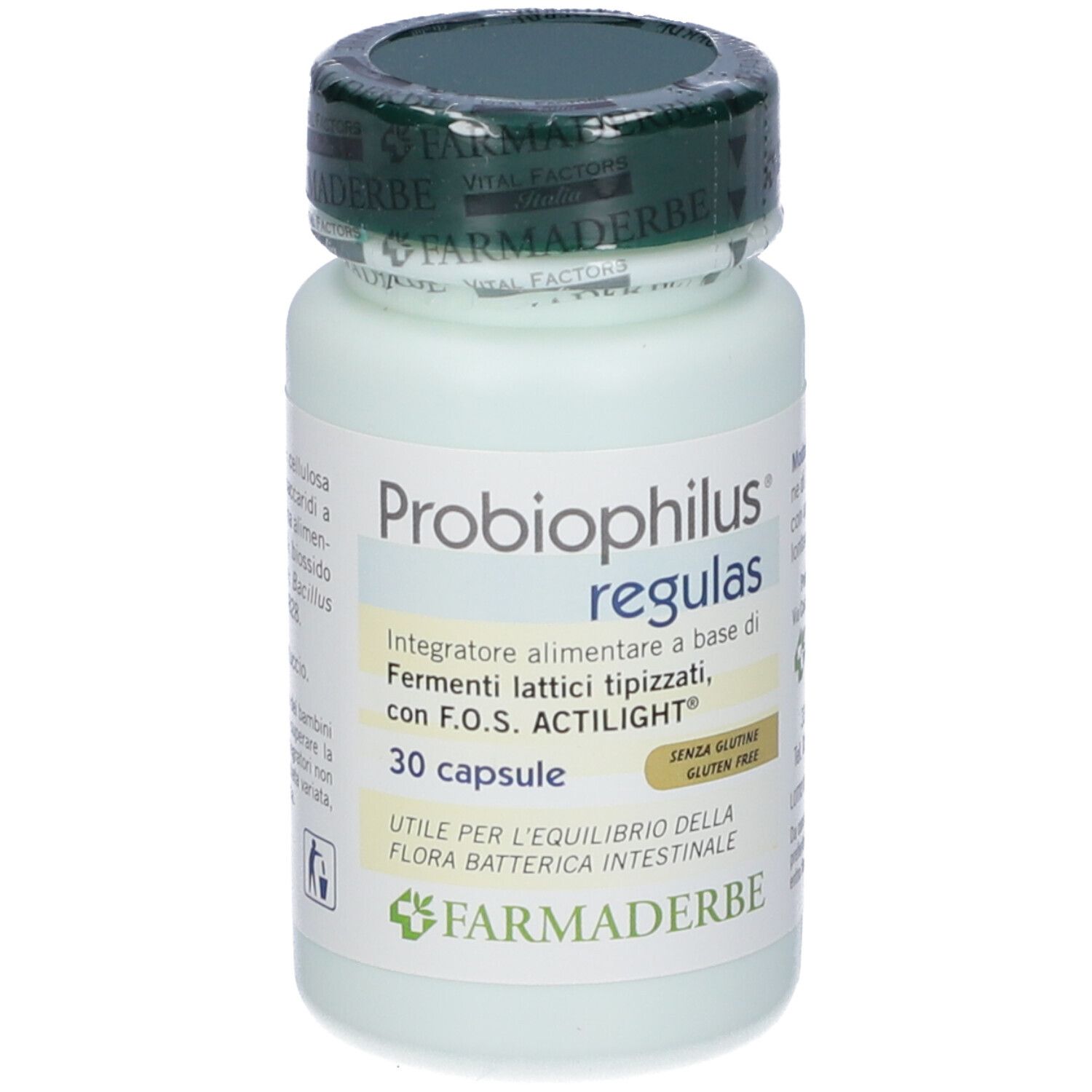 Flasche mit Produktnamen und '30 Kapseln'. Grüner Deckel. Enthält Informationen über Inhaltsstoffe und Marke.