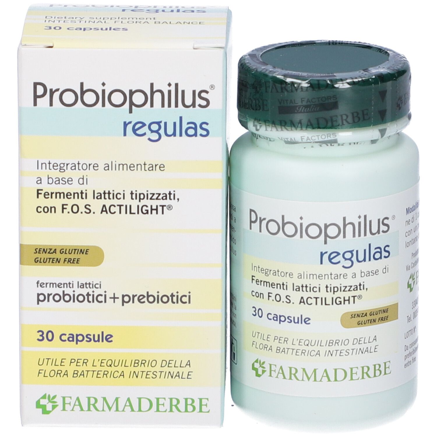 Produktverpackung und Flasche mit Produktnamen und '30 Kapseln'. Grüner Deckel. Marke sichtbar.