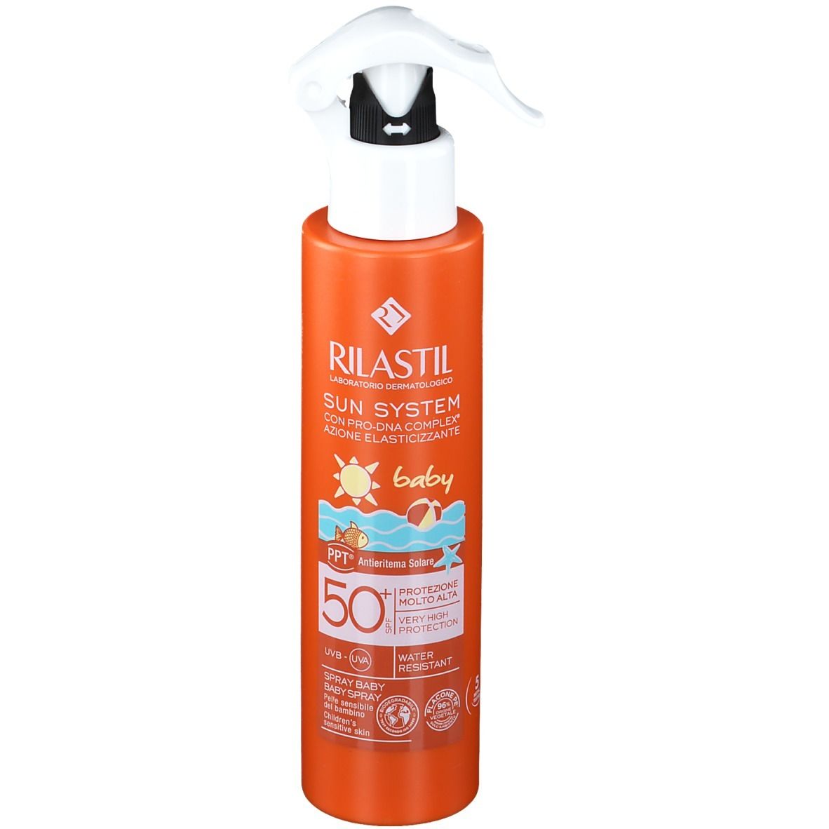 Flacon orange avec vaporisateur blanc. Inscription: RILASTIL Sun System baby SPF 50+. Résistant à l'eau.