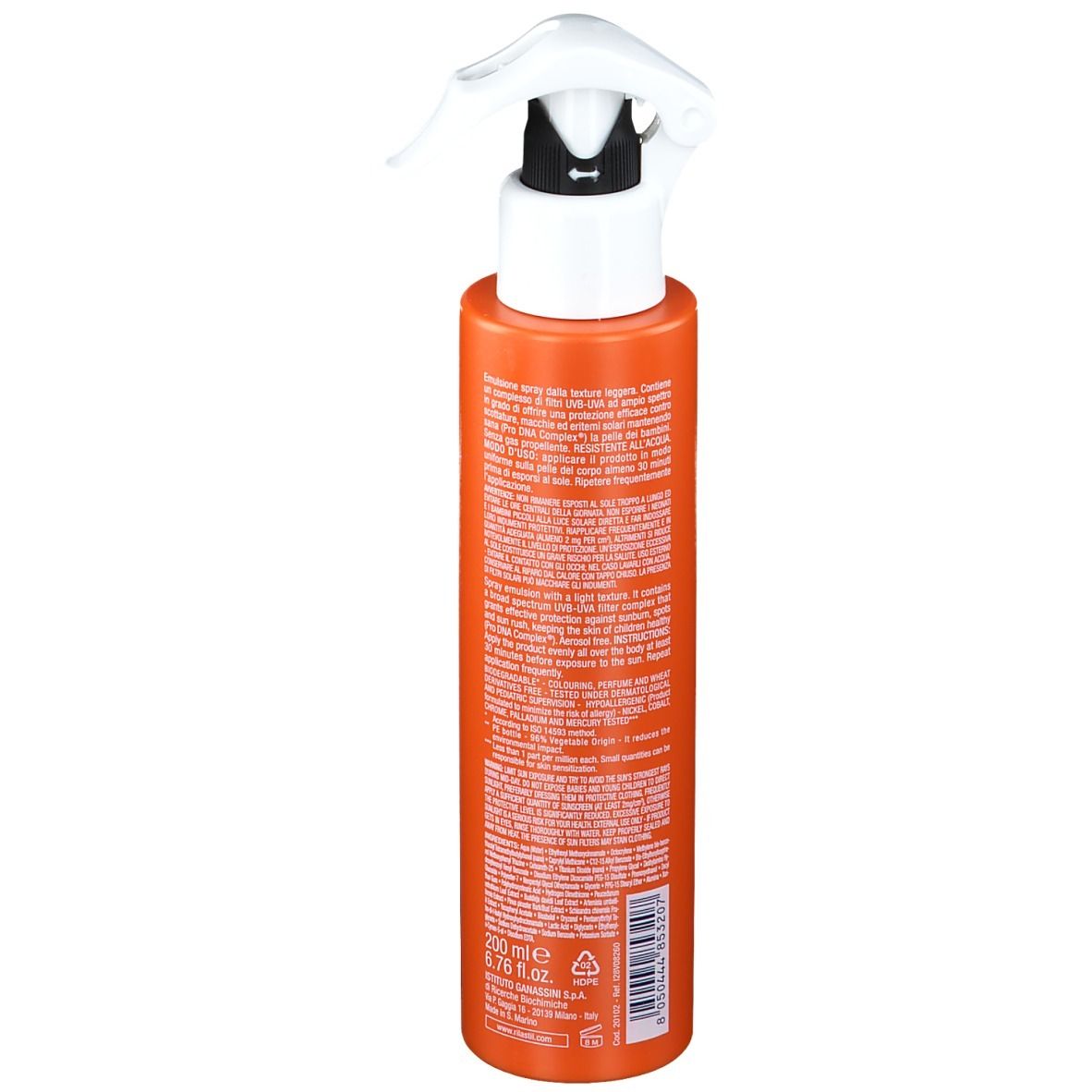 Dos d'un flacon orange avec vaporisateur blanc. Informations textuelles en plusieurs langues.