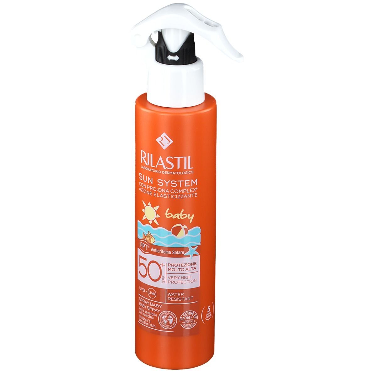 Flacon orange avec vaporisateur blanc. Inscription: RILASTIL Sun System baby SPF 50+. Résistant à l'eau.