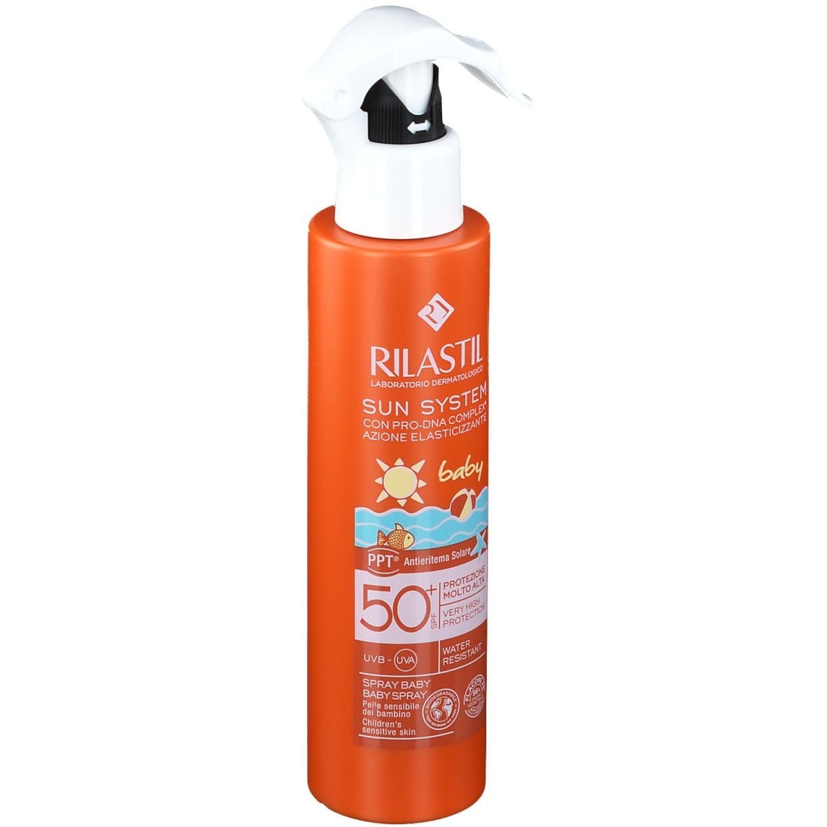 Flacon orange avec vaporisateur blanc. Inscription: RILASTIL Sun System baby SPF 50+. Résistant à l'eau.