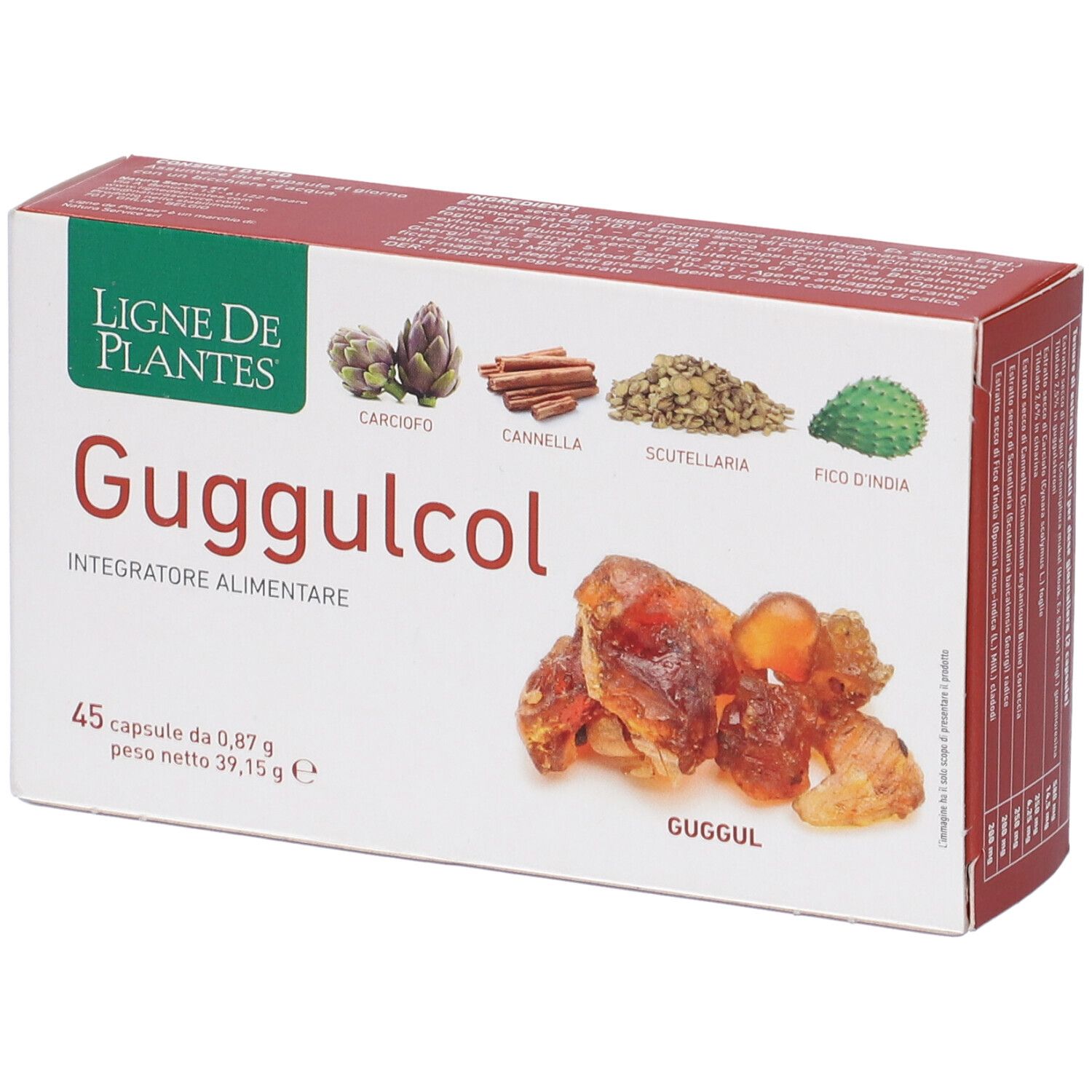 Karton mit Guggulcol-Kapseln. Aufschrift: Ligne de Plantes, 45 Kapseln, 0,87 g, 39,15 g. Abbildungen von Pflanzen.