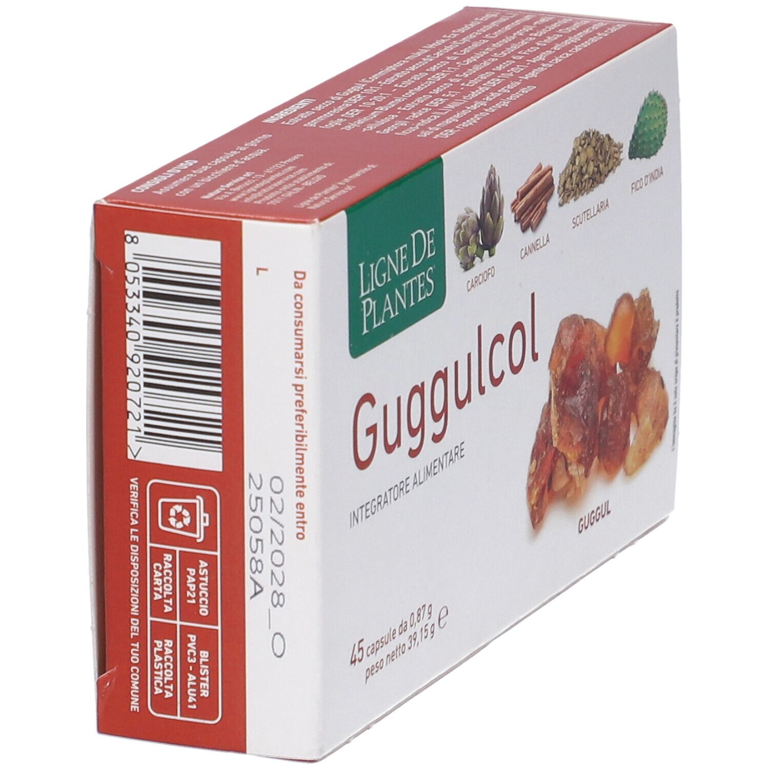 Karton Guggulcol-Kapseln. Aufschrift: Ligne de Plantes, 45 Kapseln, 0,87 g, 39,15 g. Barcode und Recycling-Symbole.