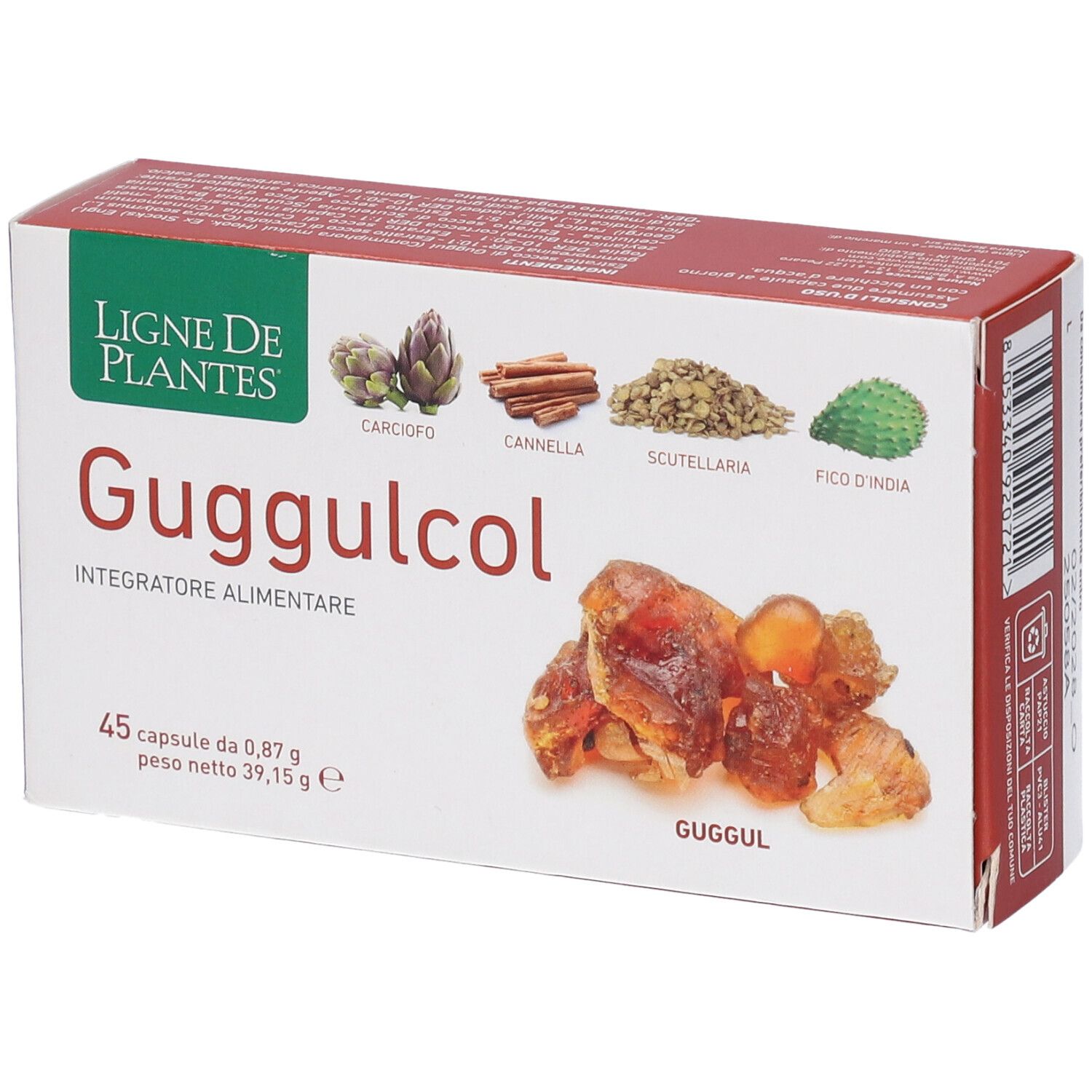 Karton mit Guggulcol-Kapseln. Aufschrift: Ligne de Plantes, 45 Kapseln, 0,87 g, 39,15 g. Abbildungen von Pflanzen.