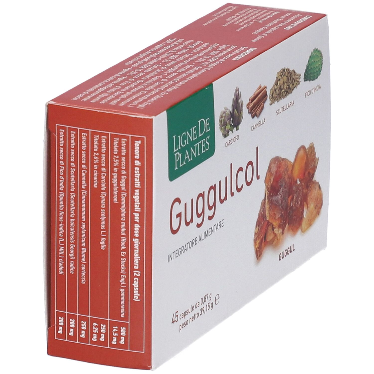 Karton Guggulcol-Kapseln. Aufschrift: Ligne de Plantes, 45 Kapseln, 0,87 g, 39,15 g. Zutatenliste und Pflanzenabbildungen.