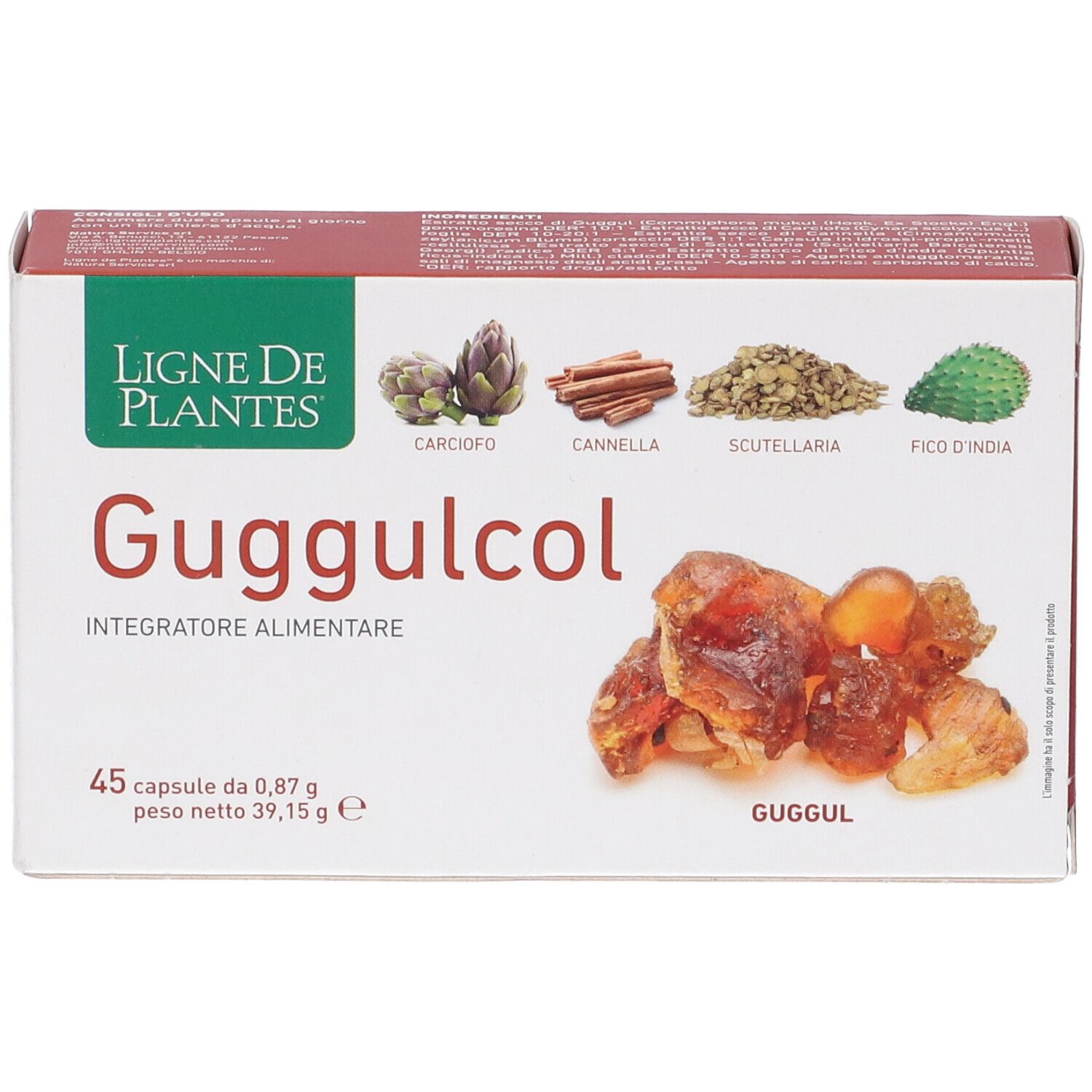 Karton mit Guggulcol-Kapseln. Aufschrift: Ligne de Plantes, 45 Kapseln, 0,87 g, 39,15 g. Abbildungen von Pflanzen.