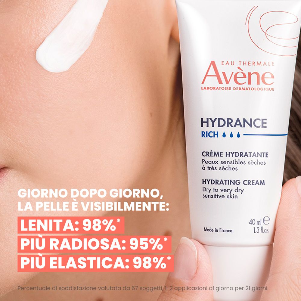 Tube mit Avene Hydrance Rich Creme, 40ml. Text auf Italienisch und Englisch.