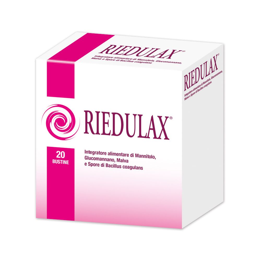Boîte blanche avec accents roses. Inscription : RIEDULAX. 20 sachets. Contient du mannitol, glucomannane, mauve et Bacillus coagulans.