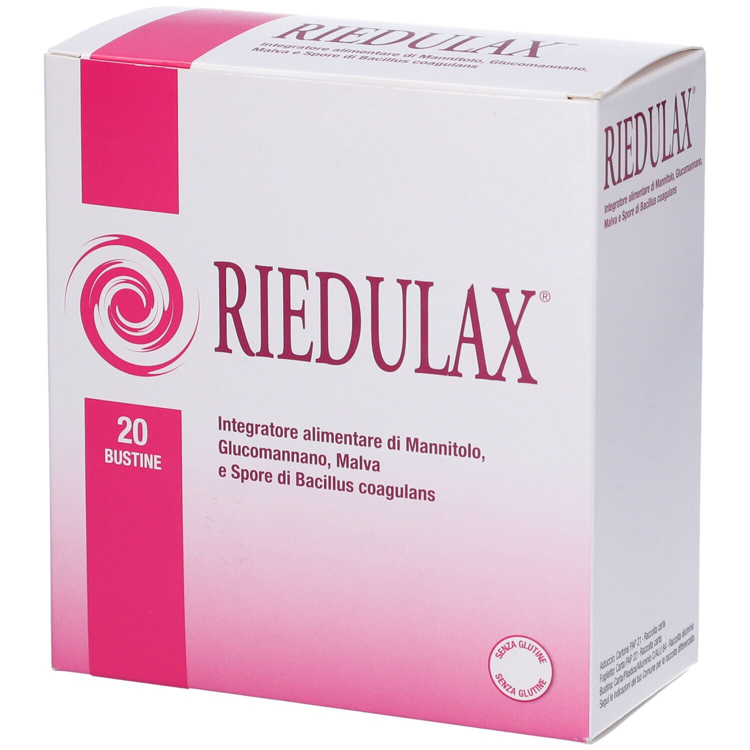 Boîte blanche avec accents roses. Inscription : RIEDULAX. 20 sachets. Contient du mannitol, glucomannane, mauve et Bacillus coagulans.