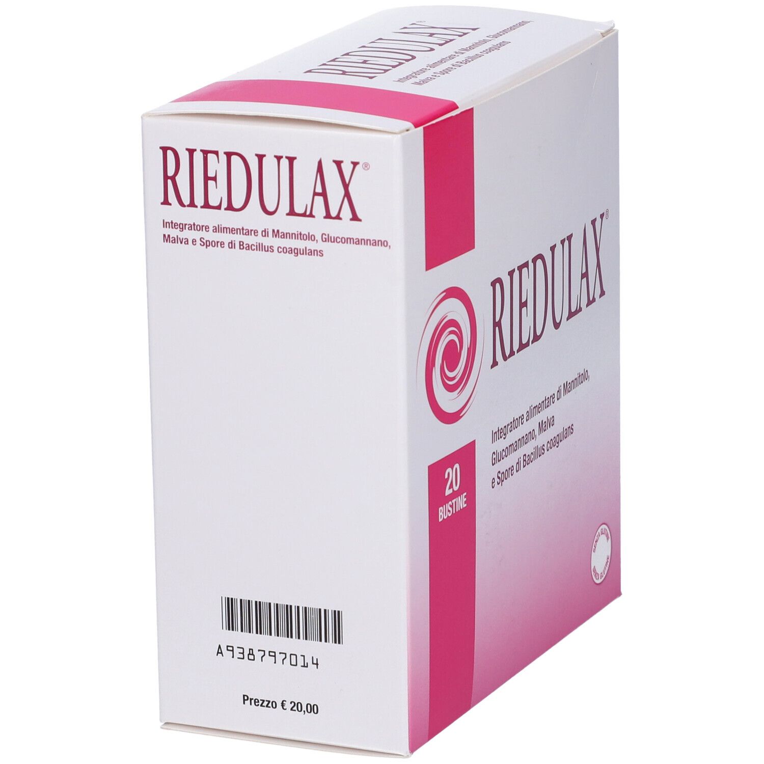 Boîte blanche avec accents roses. Inscription : RIEDULAX. 20 sachets. Contient du mannitol, glucomannane, mauve et Bacillus coagulans.