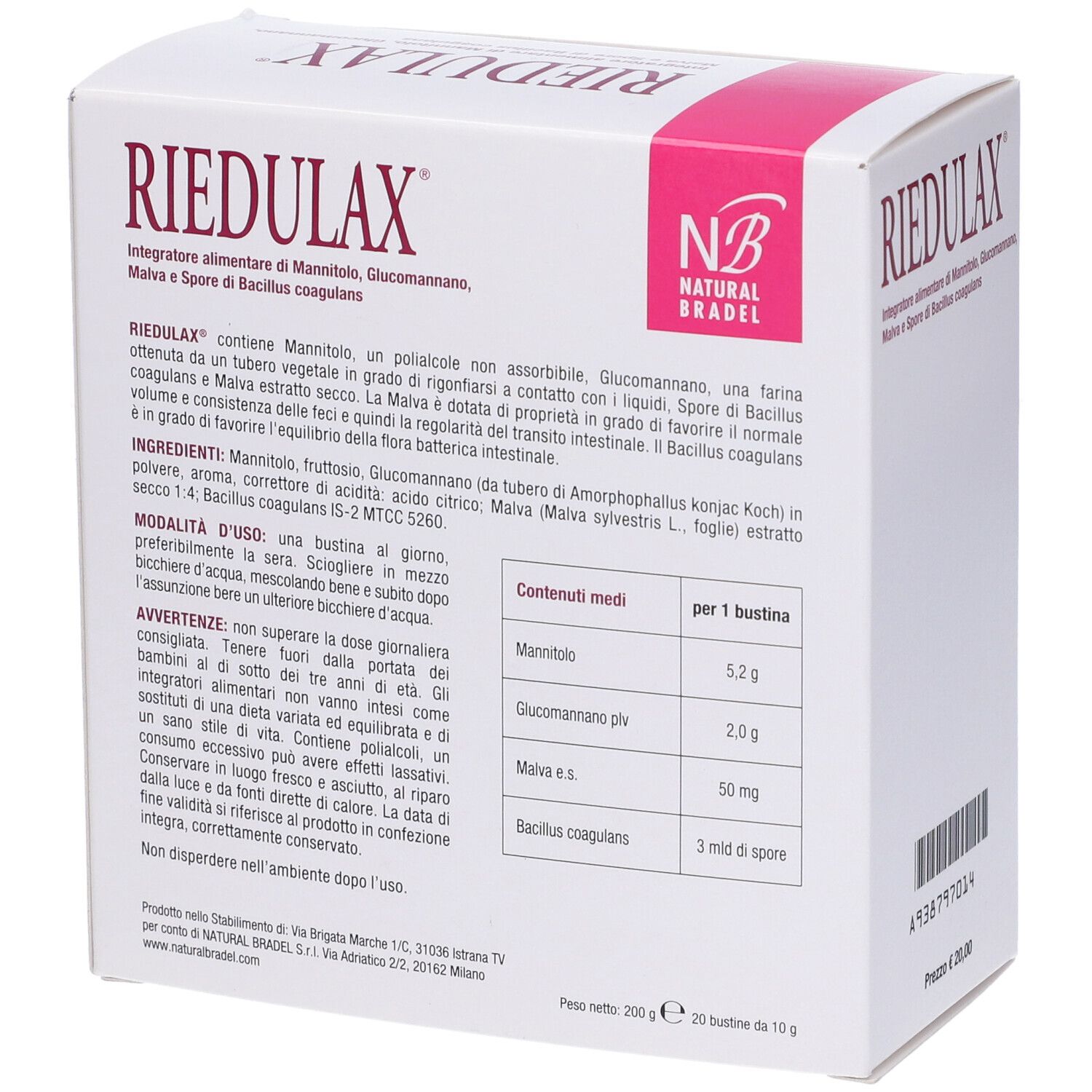 Boîte blanche avec accents roses. Inscription : RIEDULAX. Contient du mannitol, glucomannane, mauve et Bacillus coagulans. Ingrédients et mode d'emploi.