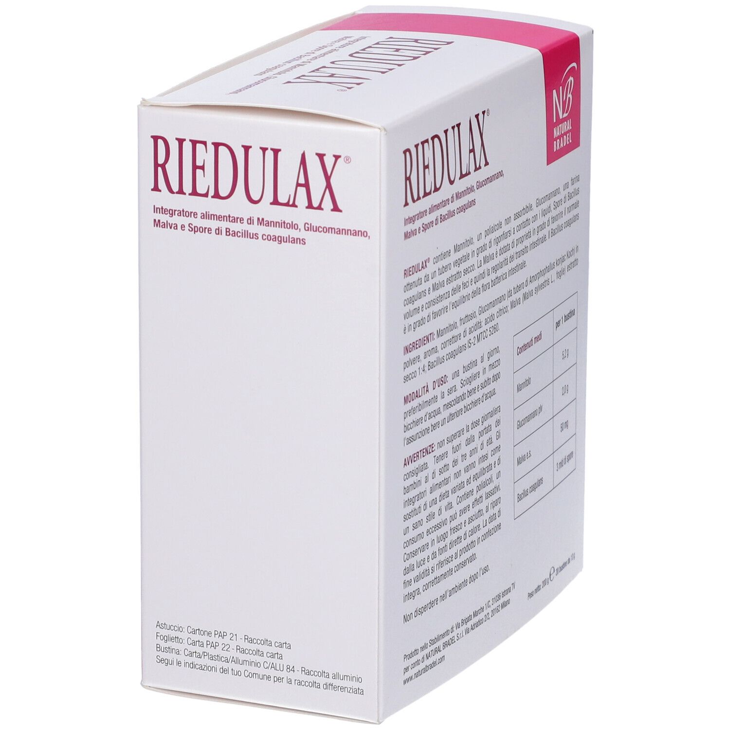 Boîte blanche avec accents roses. Inscription : RIEDULAX. Contient du mannitol, glucomannane, mauve et Bacillus coagulans. Ingrédients et mode d'emploi.