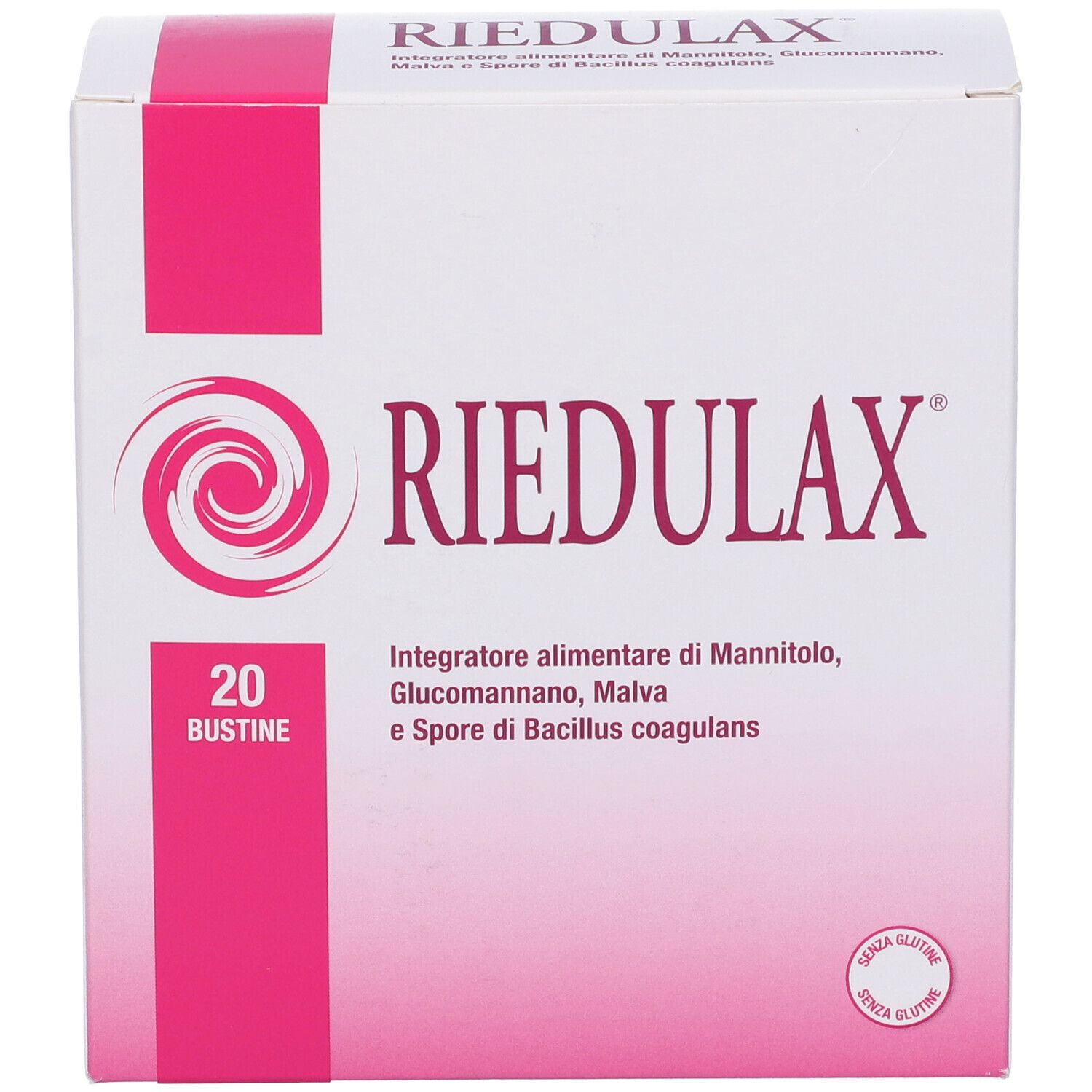 Boîte blanche avec accents roses. Inscription : RIEDULAX. 20 sachets. Contient du mannitol, glucomannane, mauve et Bacillus coagulans.