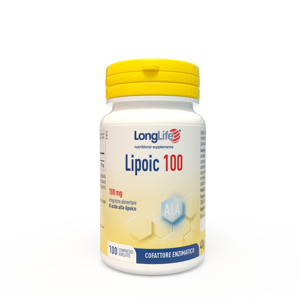 Flacon blanc à bouchon jaune. Inscription: LongLife Lipoic 100. Contient 100 comprimés.