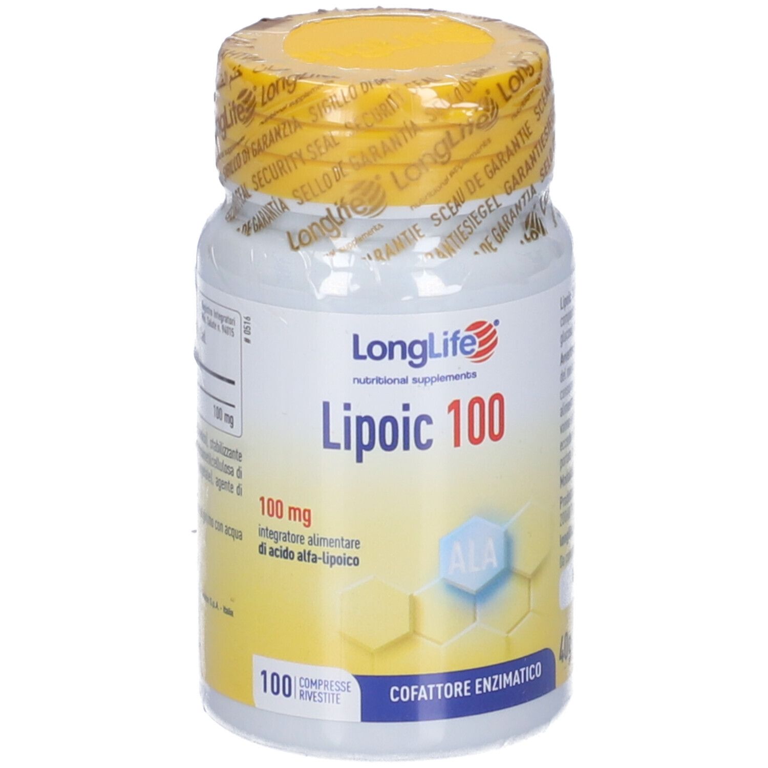 Flacon blanc avec bouchon et sceau jaunes. Inscription: LongLife Lipoic 100. 100 comprimés.