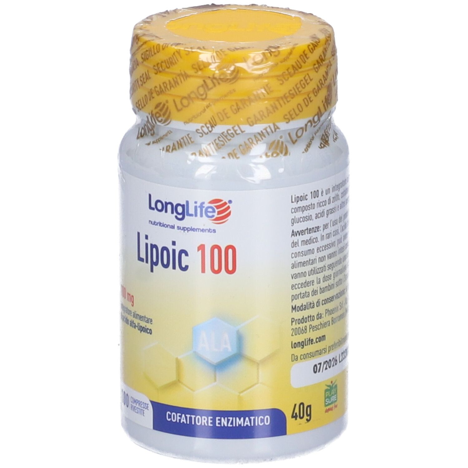 Flacon blanc à bouchon jaune. Inscription: LongLife Lipoic 100. Contient 40g. 100 comprimés.