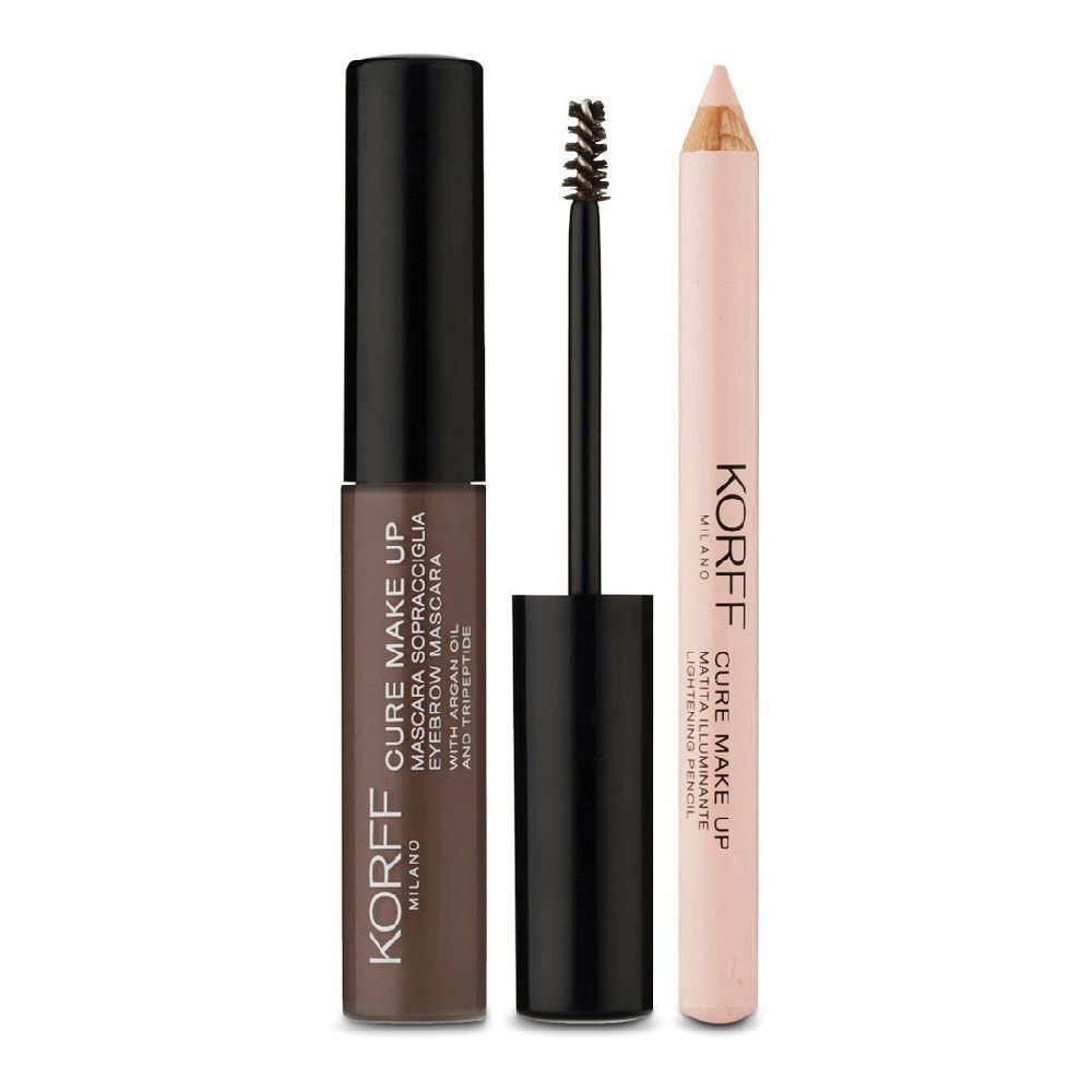 Kit pour sourcils avec mascara et crayon. Tube de mascara noir, crayon rose. Marque : KORFF.