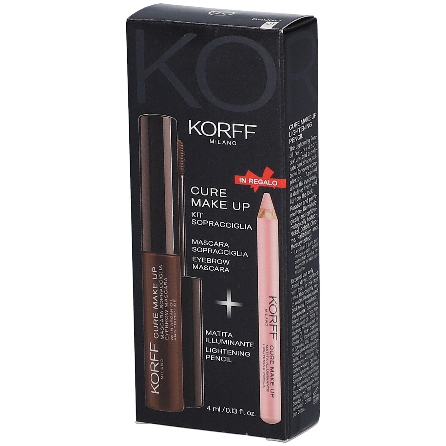 Emballage du kit pour sourcils. Contient du mascara et un crayon illuminateur. Marque : KORFF.