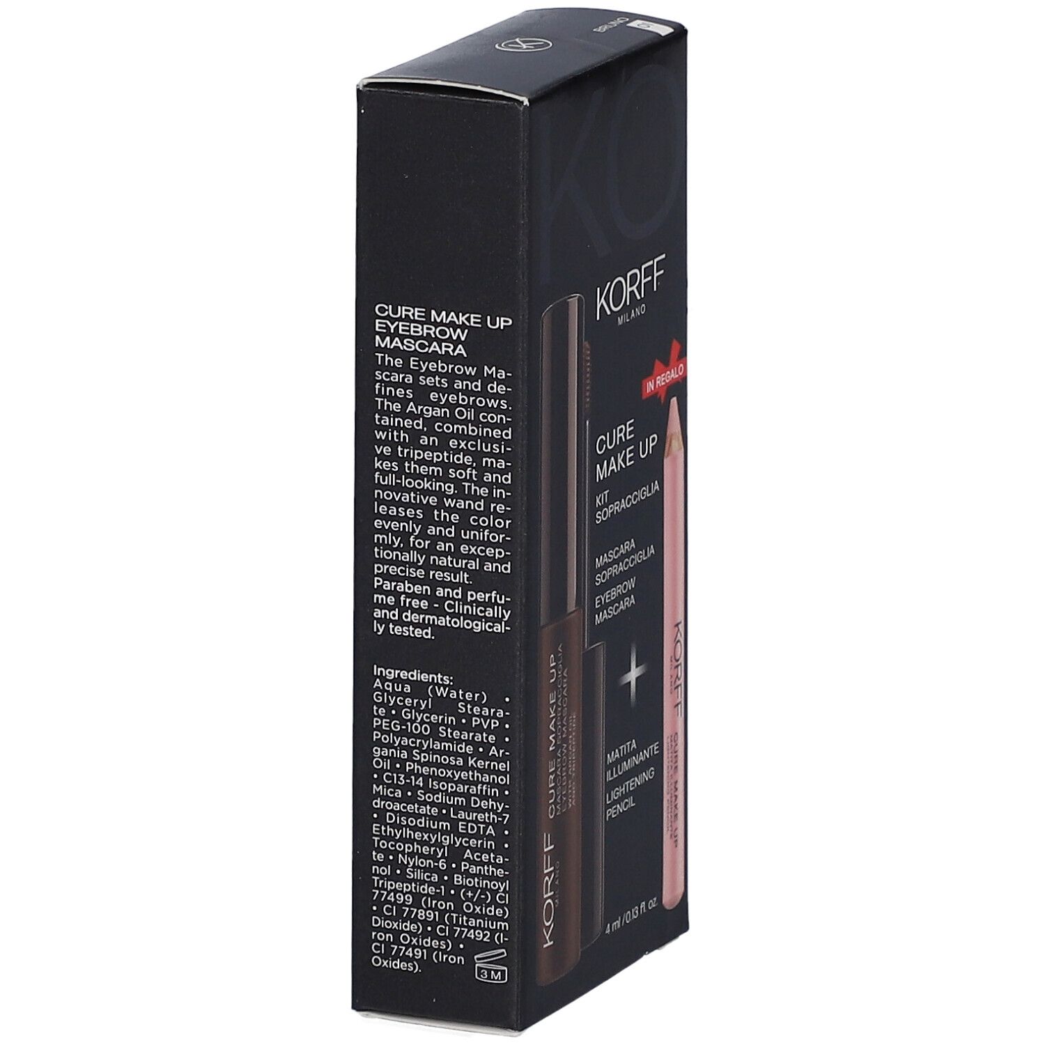 Dos de l'emballage du kit pour sourcils. Informations sur le produit et ingrédients.