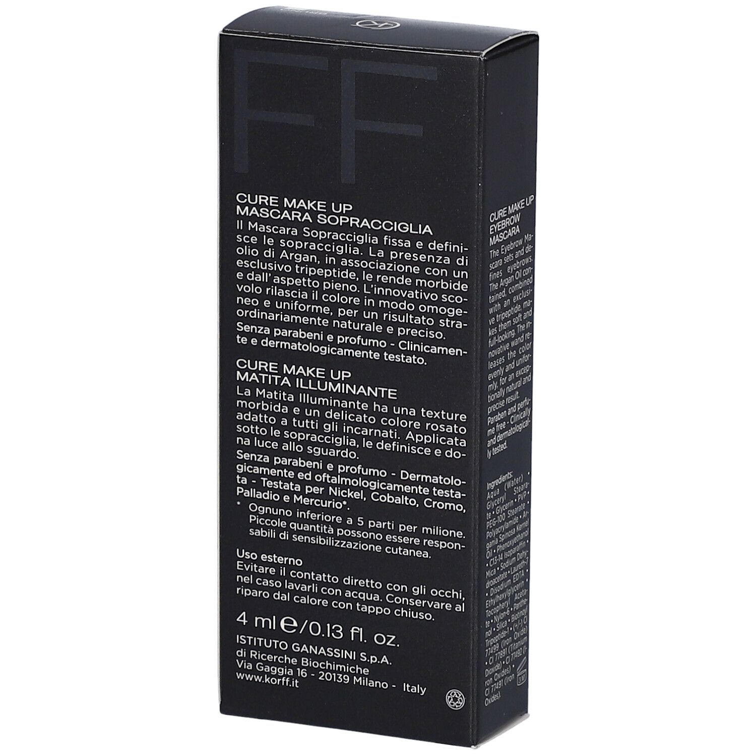 Vue latérale de l'emballage du kit pour sourcils. Informations sur le produit.