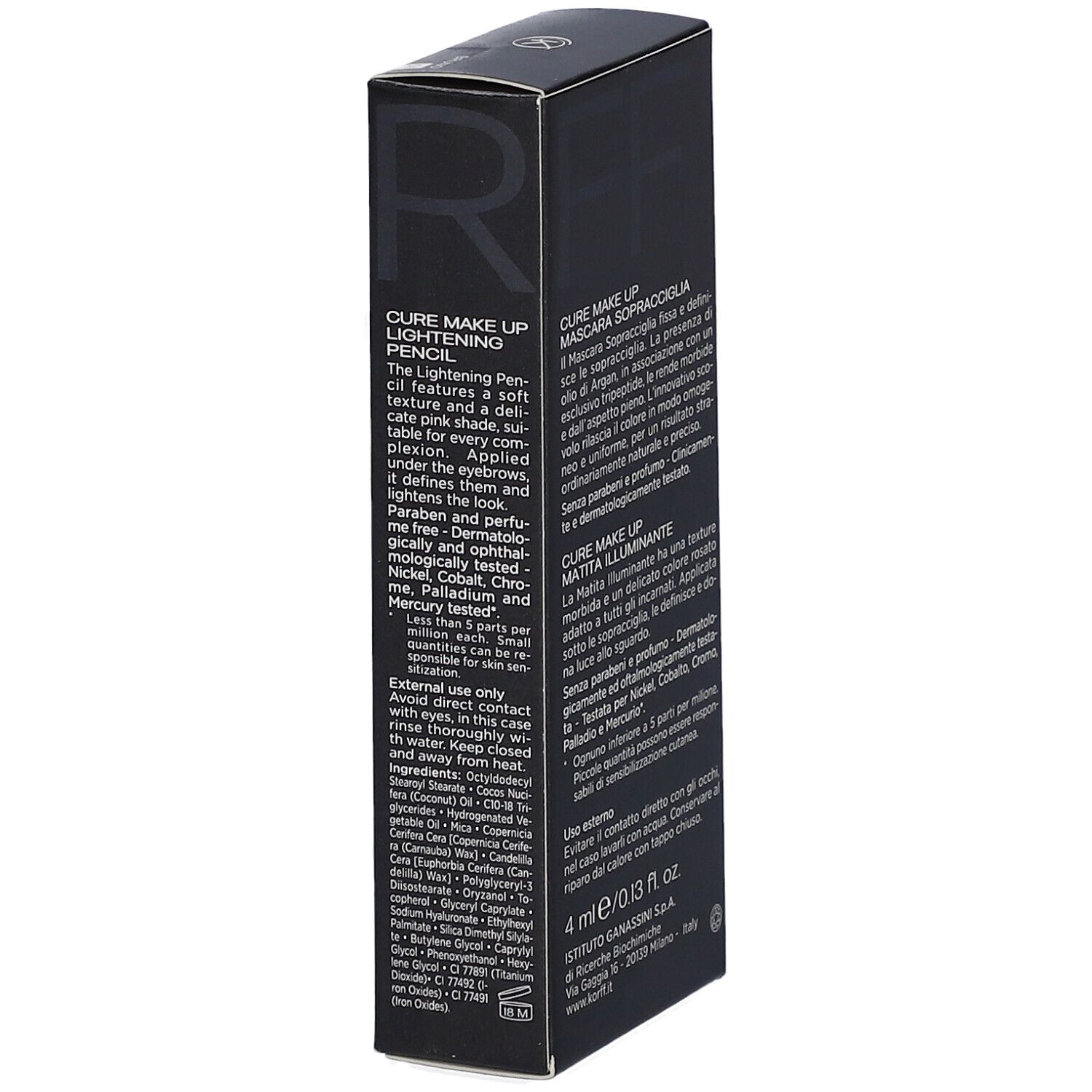 Vue latérale de l'emballage du kit pour sourcils. Informations sur le produit.