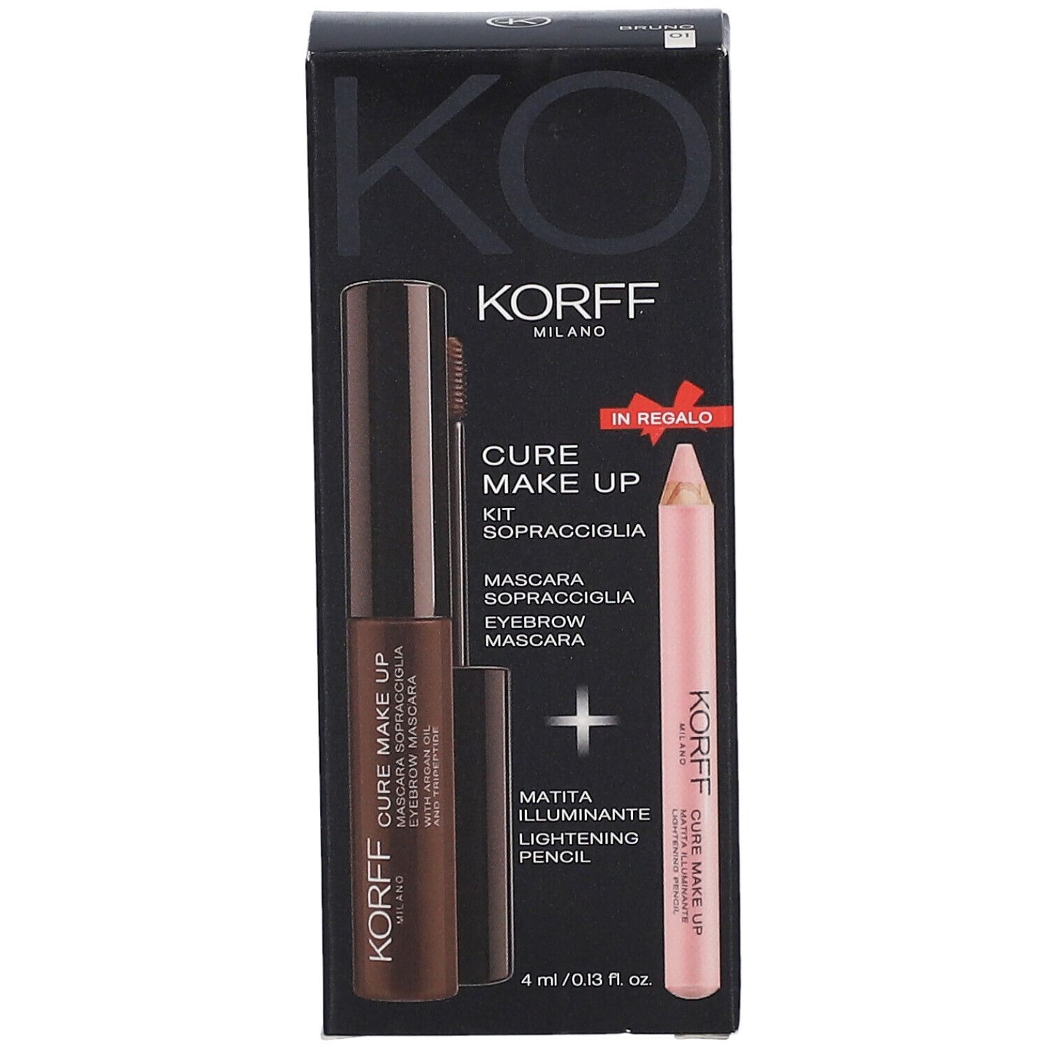 Vue de face de l'emballage du kit pour sourcils. Contient du mascara et un crayon. Marque : KORFF.