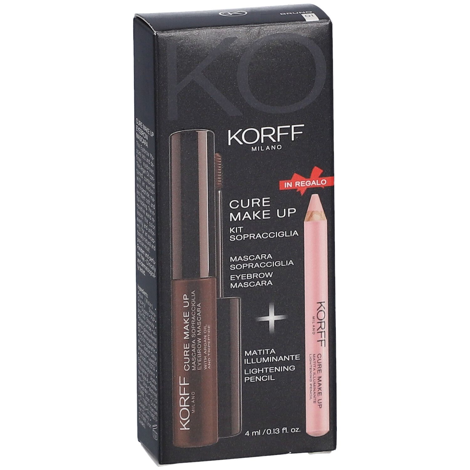 Vue de face de l'emballage du kit pour sourcils. Contient du mascara et un crayon. Marque : KORFF.