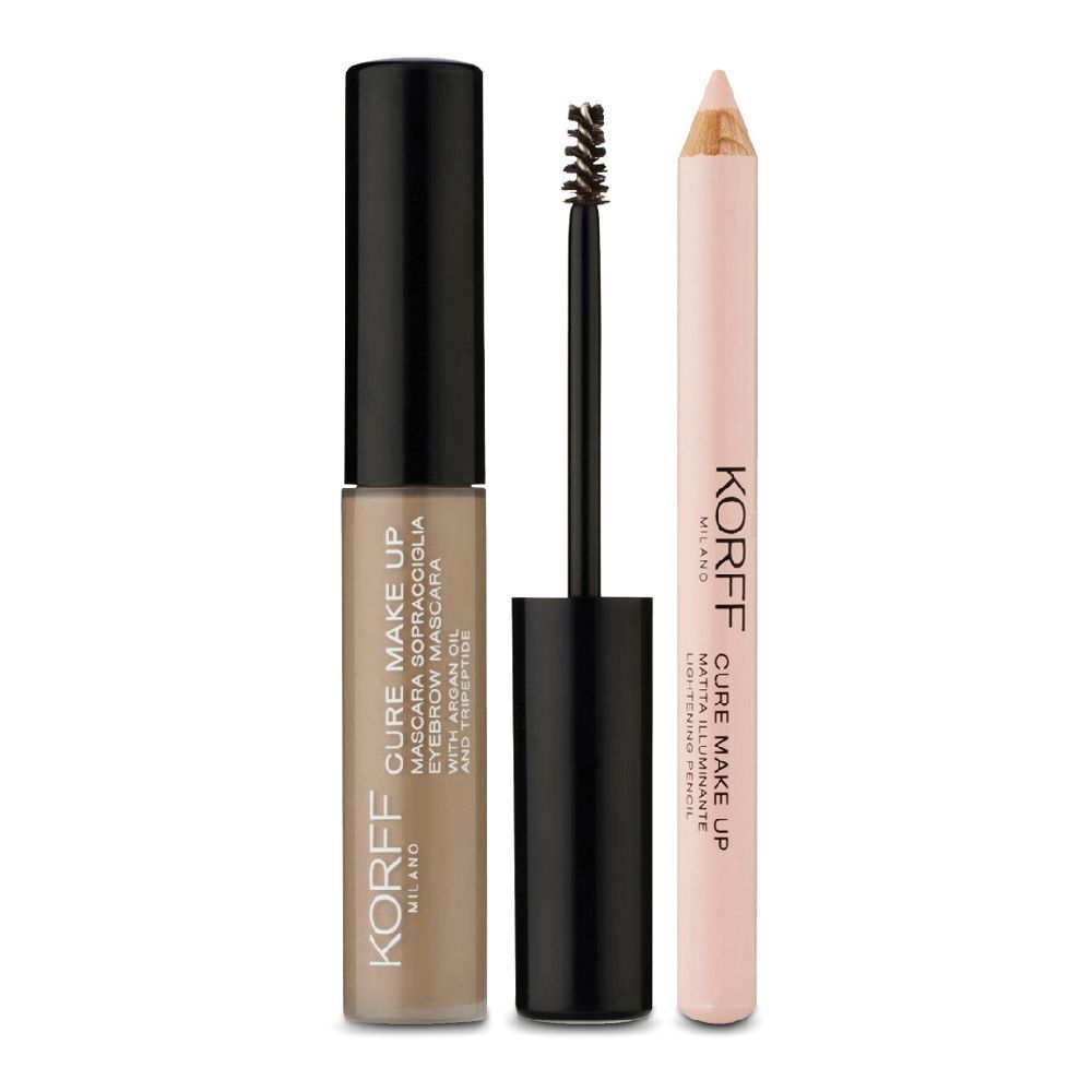 Kit pour les sourcils KORFF 03. Comprend un mascara et un crayon rose clair. Récipient de mascara avec couvercle noir. Crayon avec corps rose.