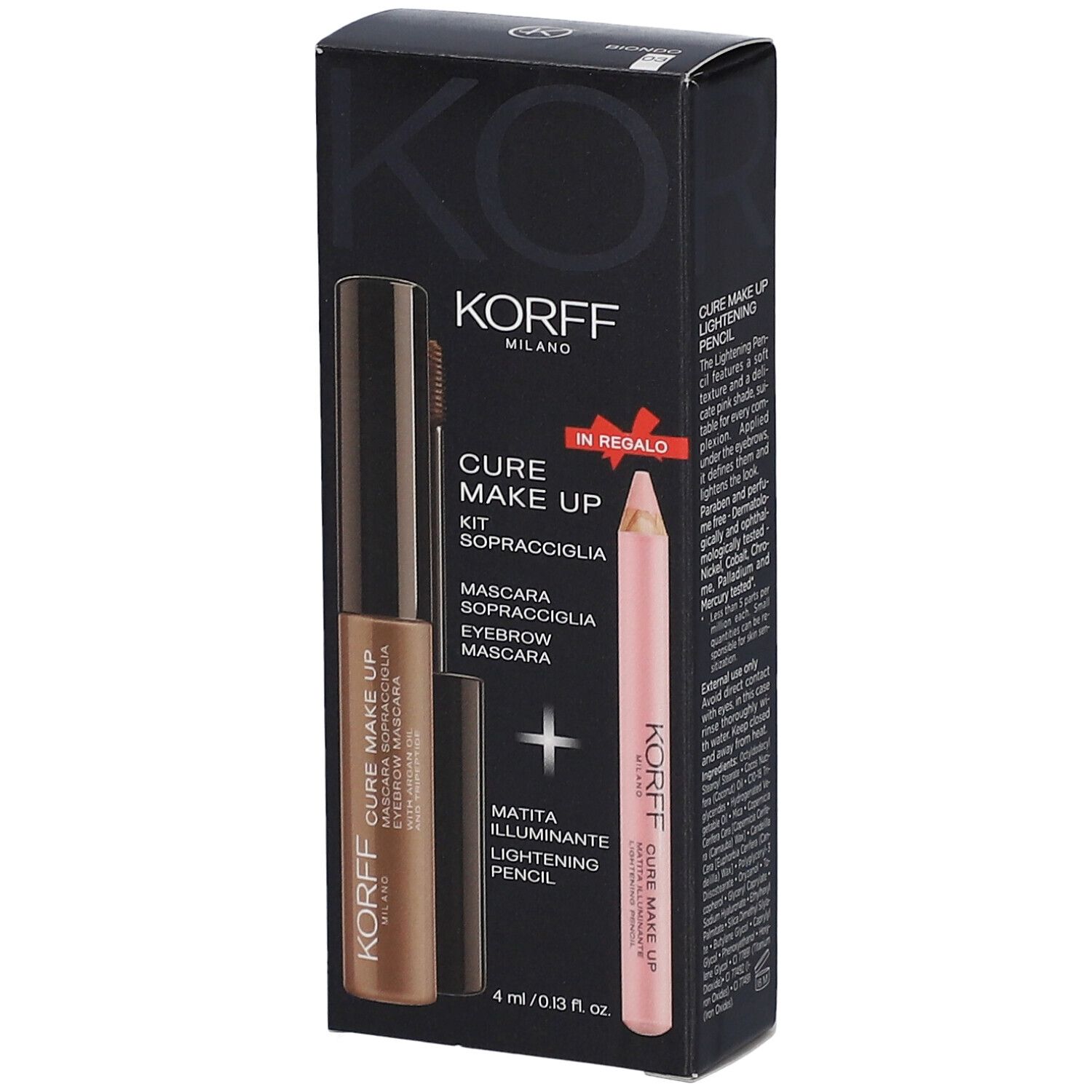 Kit pour les sourcils KORFF en emballage. Comprend du mascara et un crayon rose clair. Emballage noir avec image du produit.