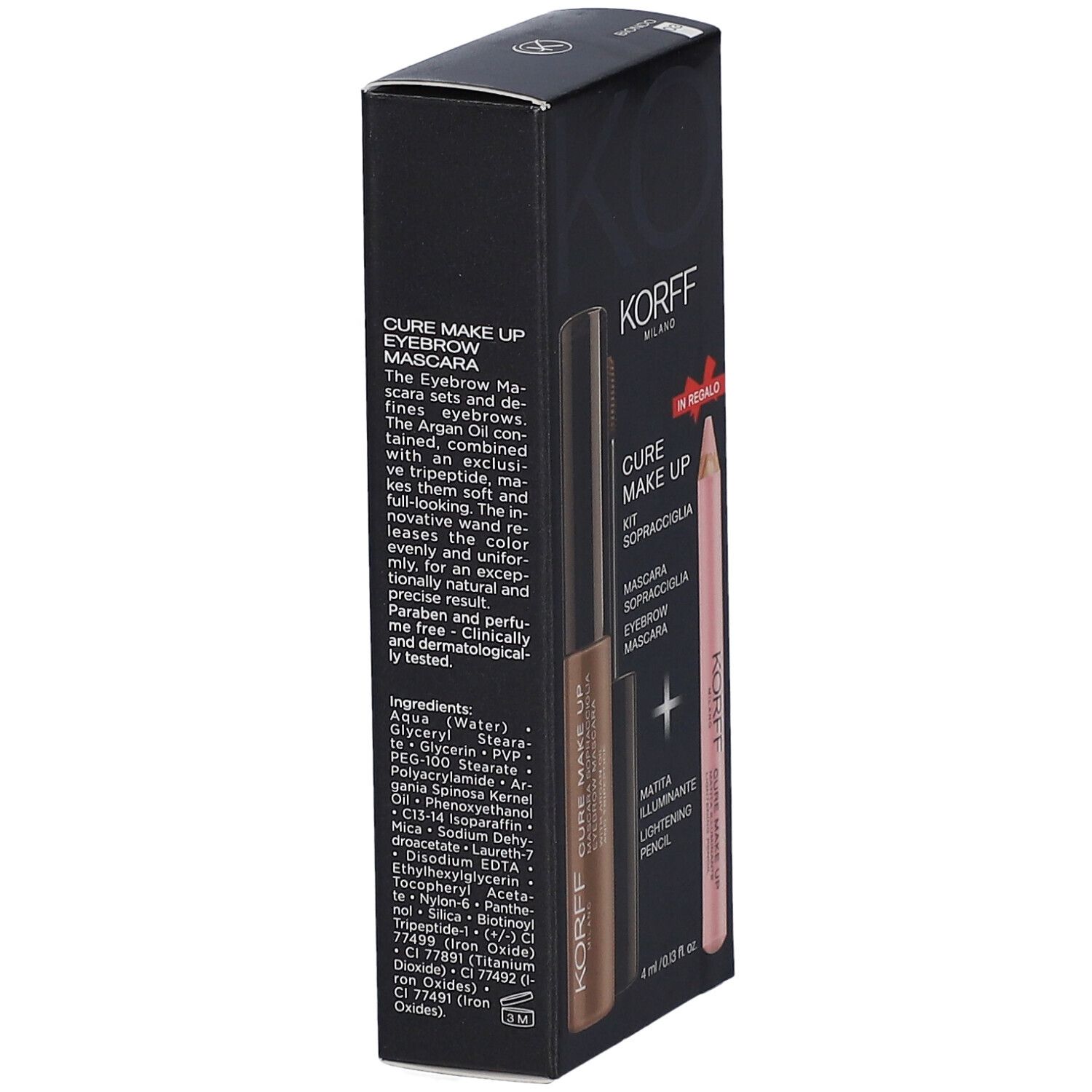 Vue arrière de l'emballage du kit pour les sourcils KORFF. Contient des informations sur le produit et des ingrédients. Emballage noir.