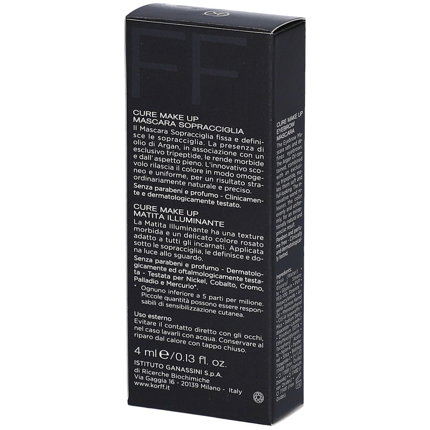 Vue détaillée du dos de l'emballage du kit pour les sourcils KORFF. Contient des informations sur le produit et des instructions d'utilisation.