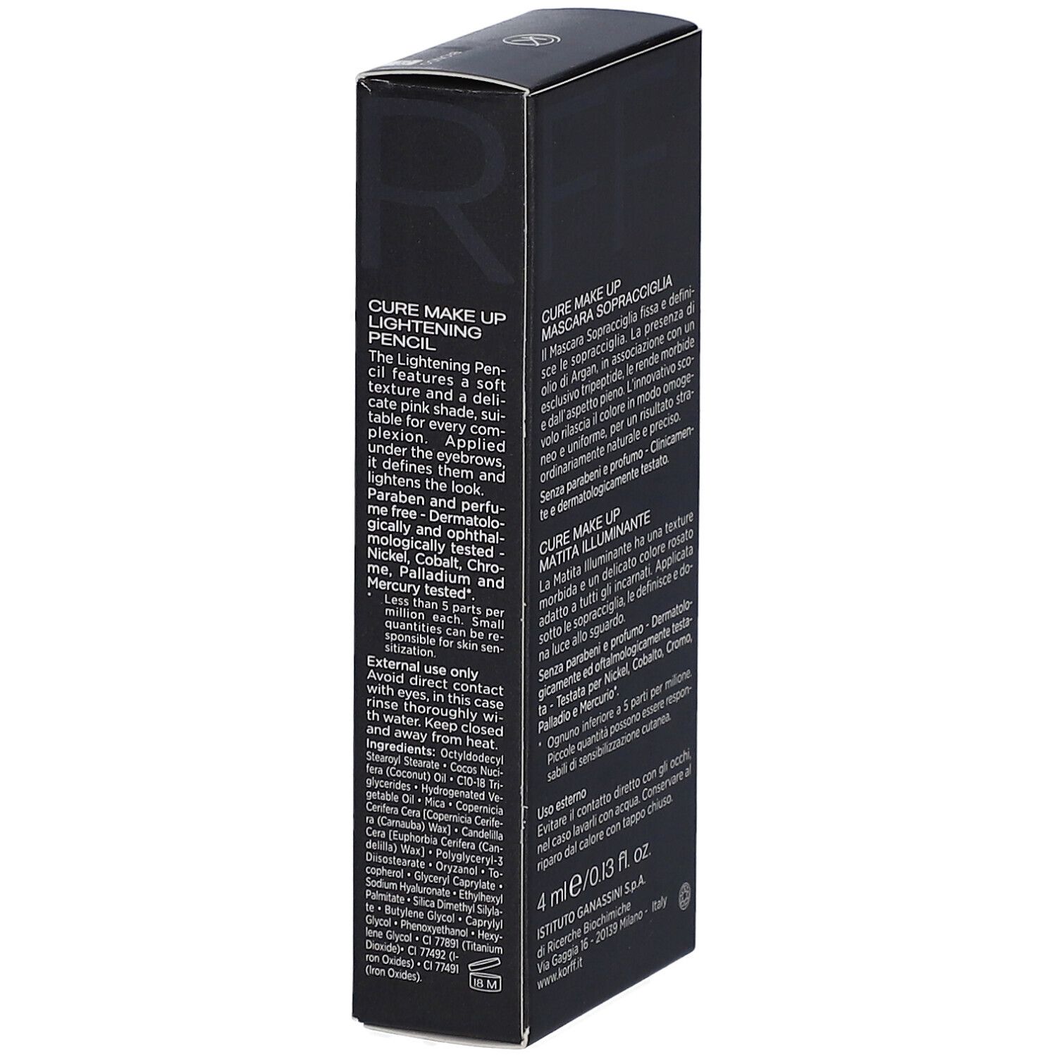 Vue détaillée du dos de l'emballage du kit pour les sourcils KORFF. Contient des informations sur le produit et des instructions d'utilisation.