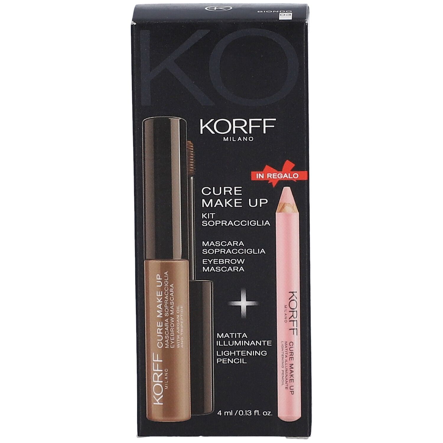 Kit pour les sourcils KORFF en emballage. Comprend du mascara et un crayon rose clair. Emballage noir avec image du produit.